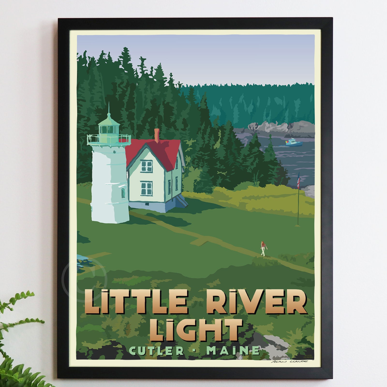 Little River Light Art Print 18" x 24" Framed Travel Poster By Alan Claude - Maine