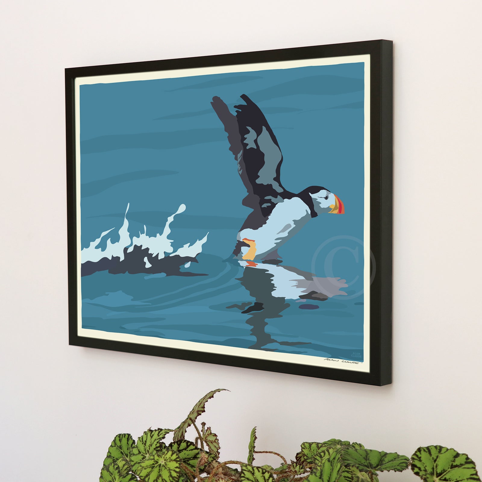 Puffin Takes Flight Art Print 18" x 24" Framed Wall Poster - Maine