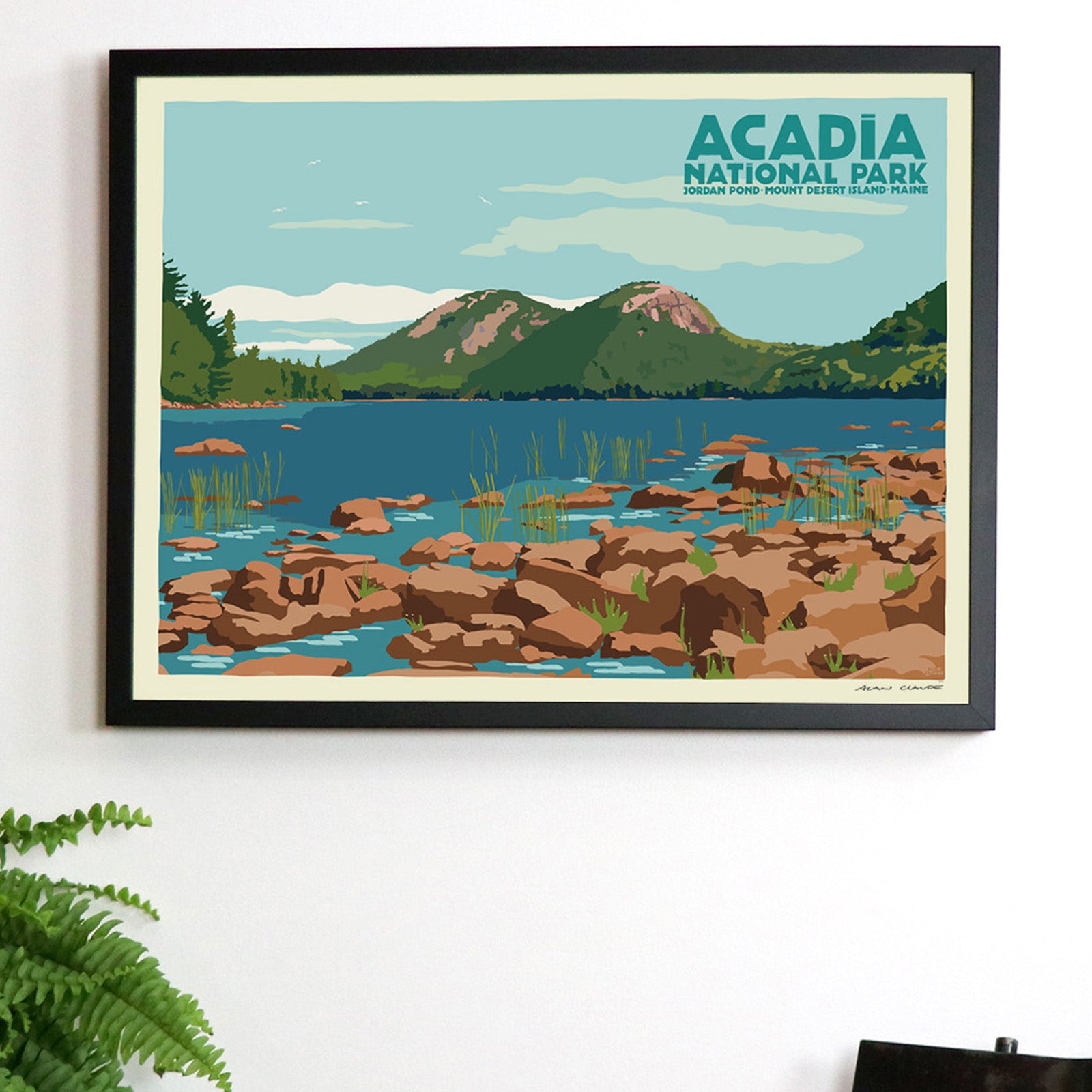 Jordan Pond Travel Poster Art Print 18" x 24" Framed Wall Poster By Alan Claude - Maine