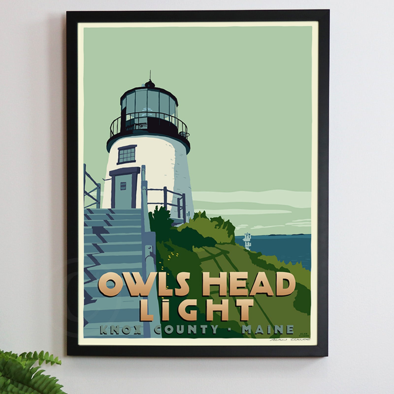 Owls Head Light Art Print 18" x 24" Framed Travel Poster By Alan Claude - Maine
