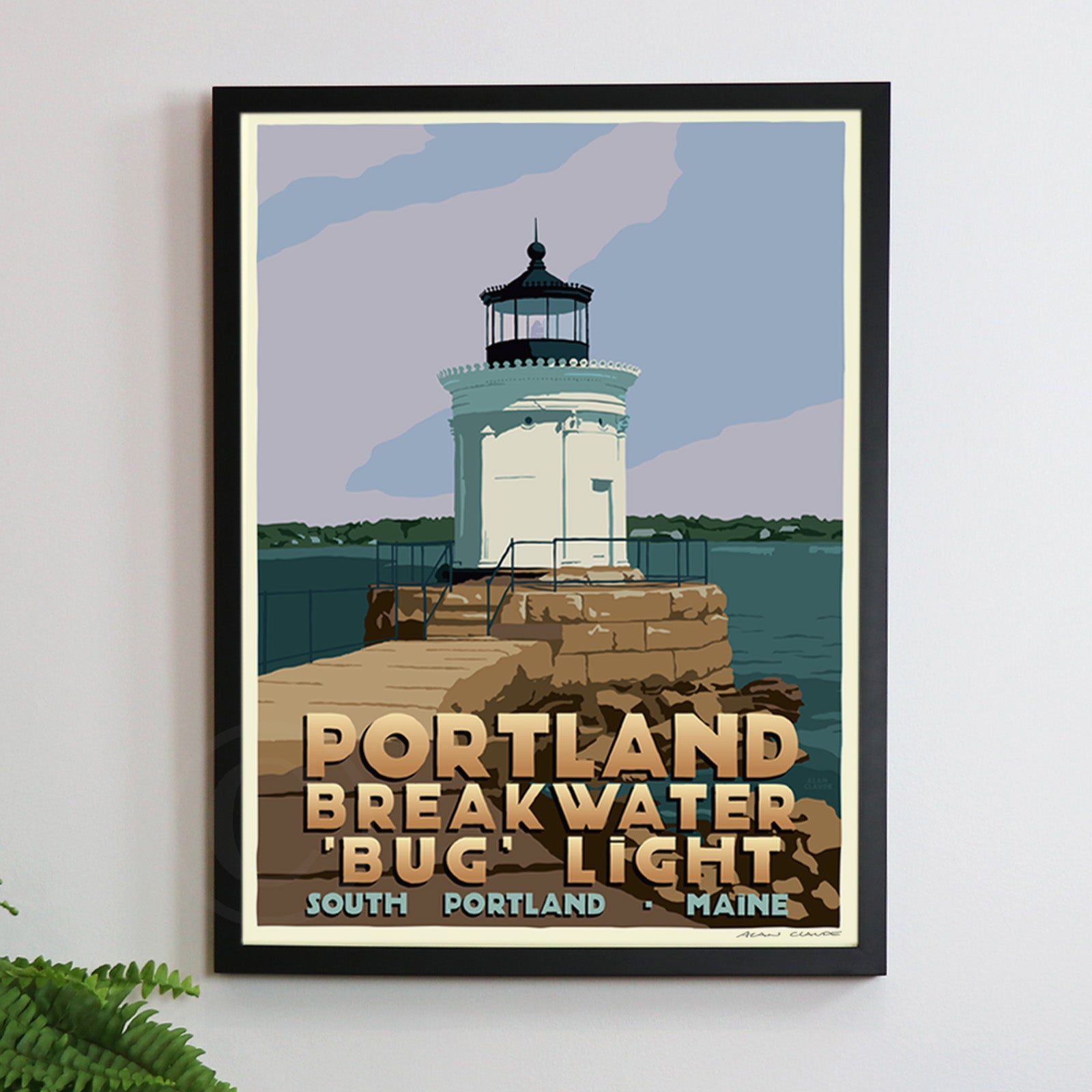 Portland Breakwater Bug Light Art Print 18" x 24" Framed Travel Poster By Alan Claude - Maine