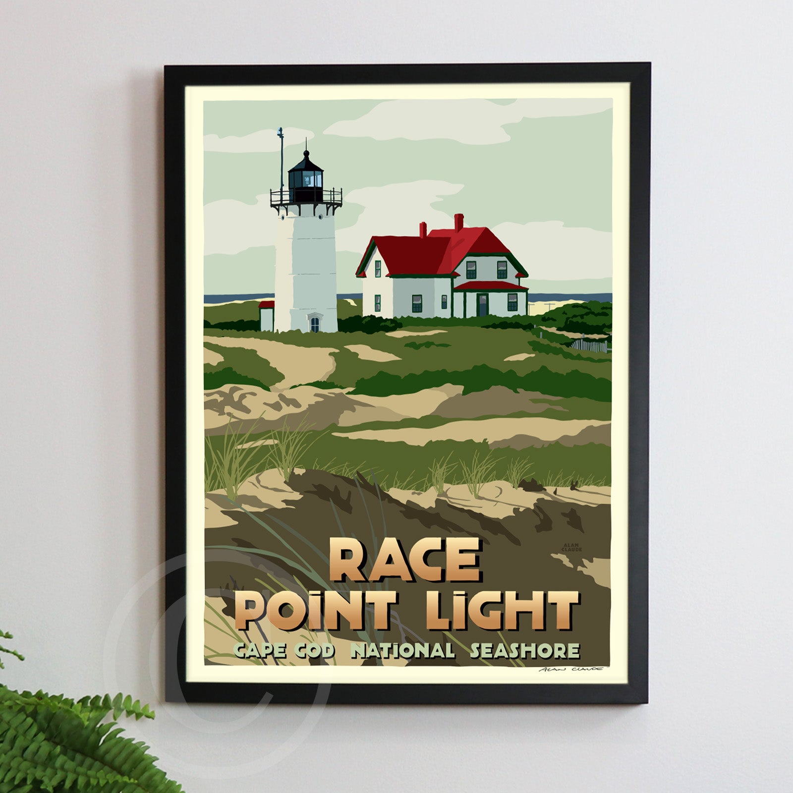 Race Point Light Art Print (Thin Border) 18" x 24" Framed Travel Poster By Alan Claude - Massachusetts