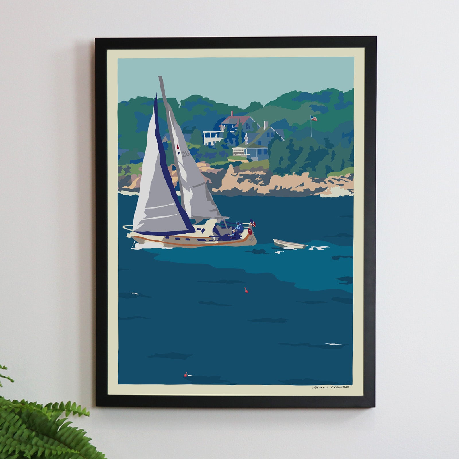 Full Sail Art Print 18" x 24" Framed Wall Poster By Alan Claude - Maine