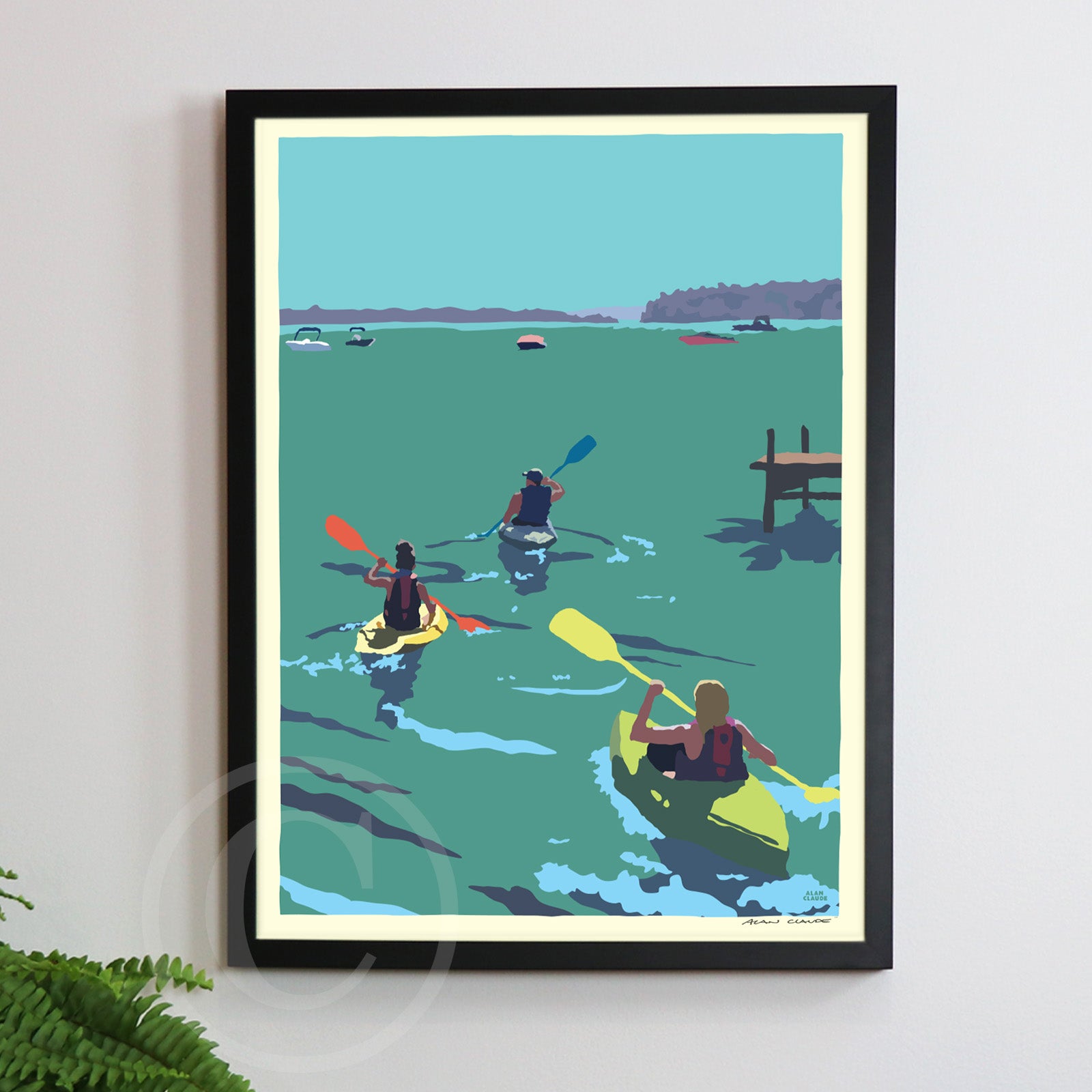 Kayakers Going East Art Print 18" x 24" Framed Travel Poster By Alan Claude - Maine by Alan Claude