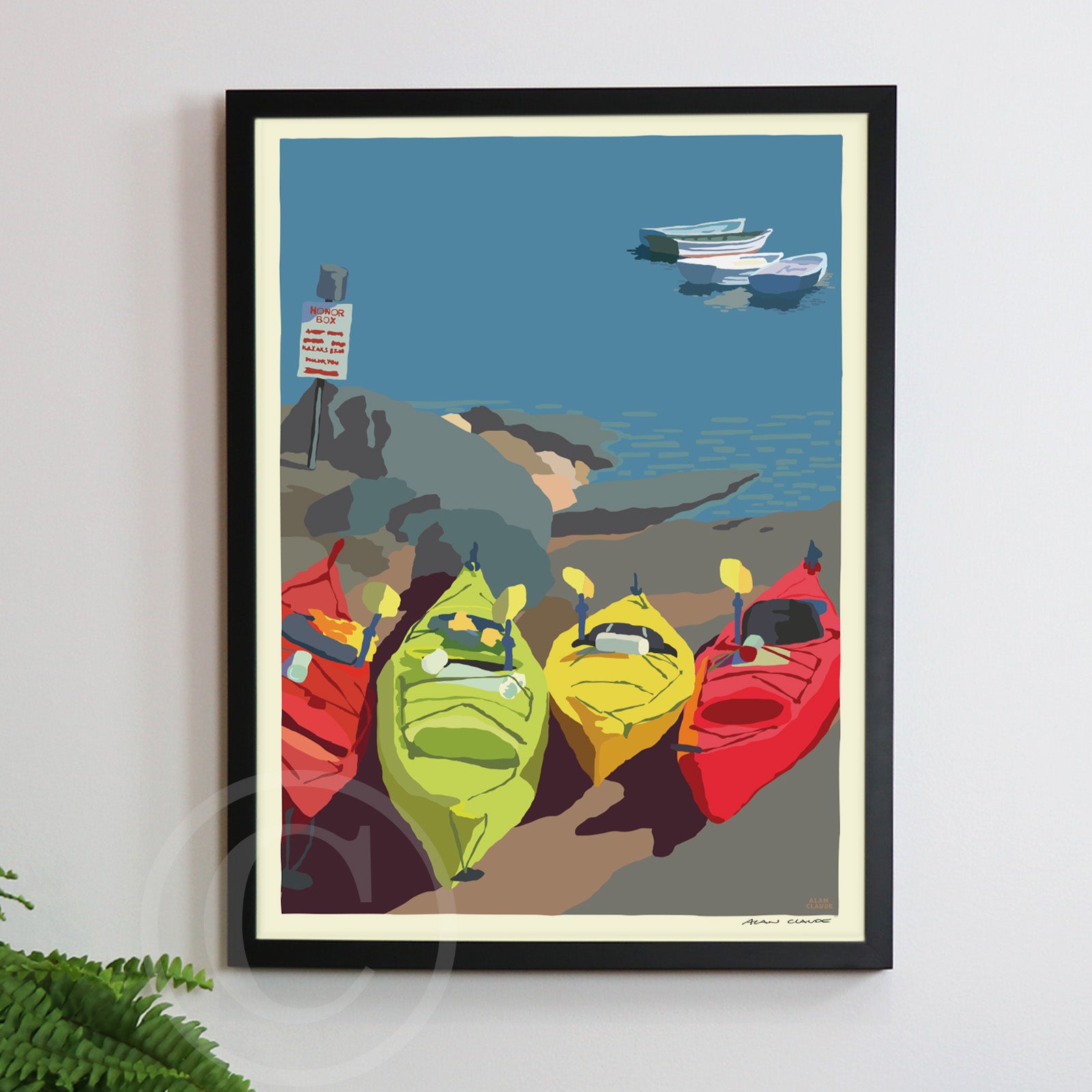 Kayaking Me Crazy Art Print 18" x 24" Framed Wall Poster By Alan Claude - Maine