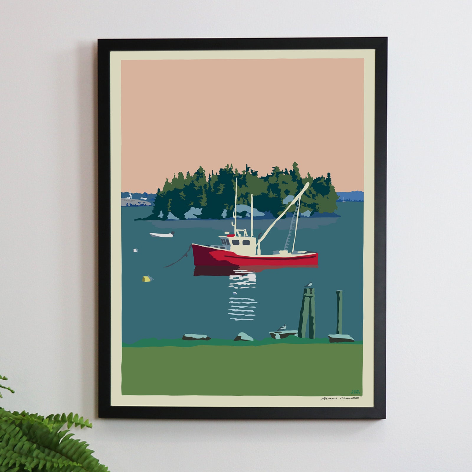 Lubec Lobster Boat Art Print 18" x 24" Framed Wall Poster By Alan Claude - Maine