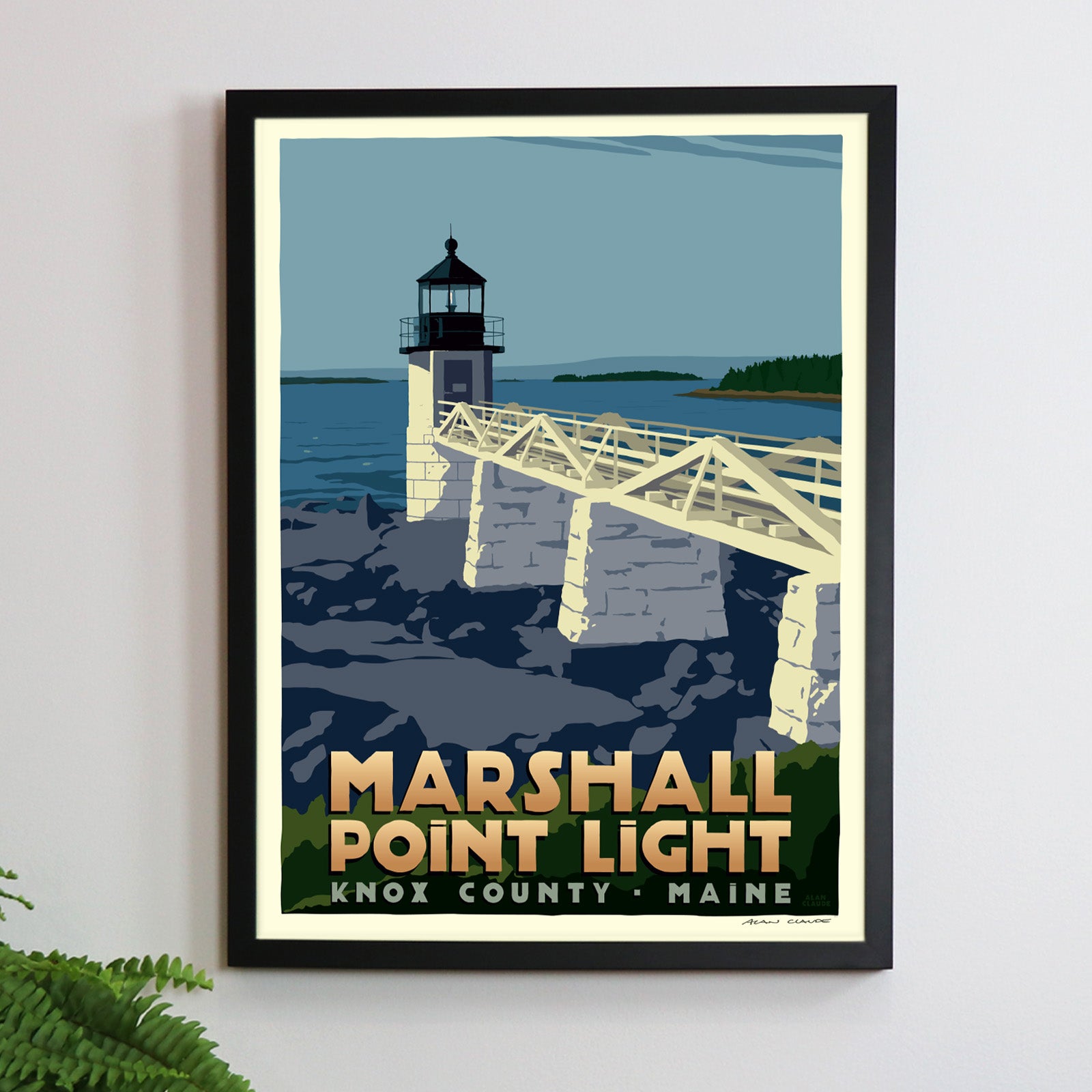 Marshall Point Light Art Print 18" x 24" Framed Travel Poster By Alan Claude - Maine