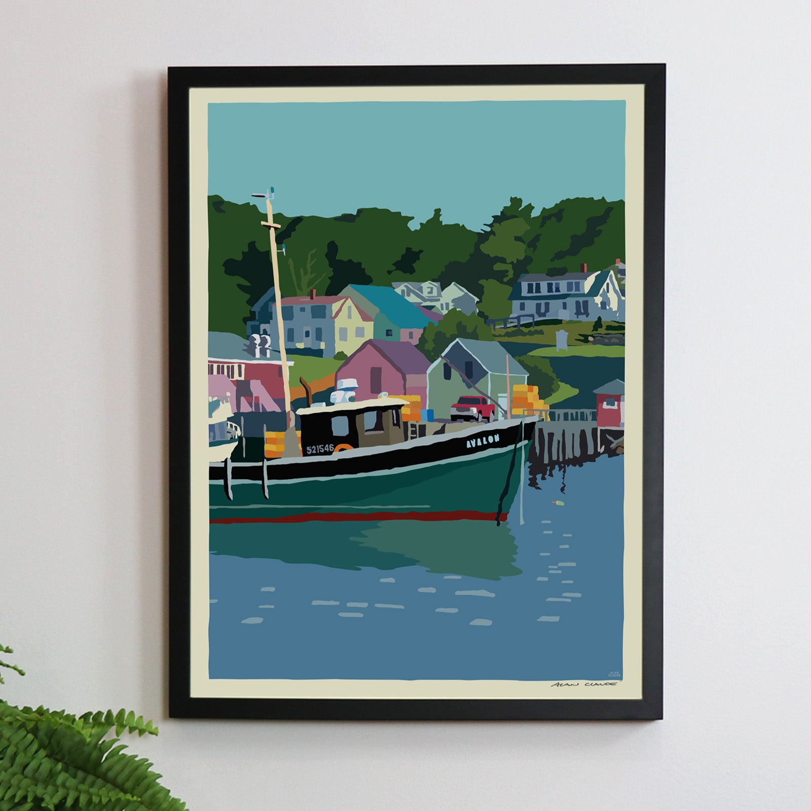 New Harbor Art Print 18" x 24" Framed Wall Poster By Alan Claude - Maine