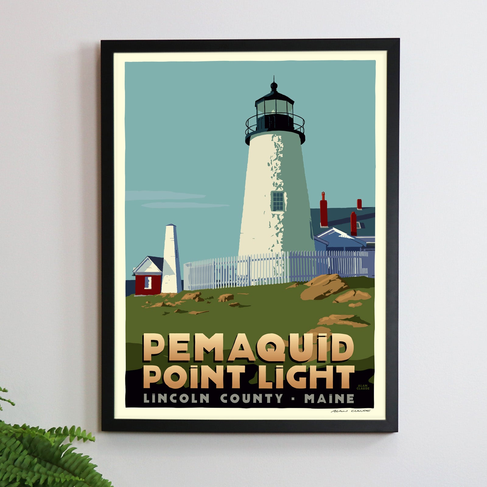 Pemaquid Point Light Art Print 18" x 24" Framed Travel Poster By Alan Claude - Maine