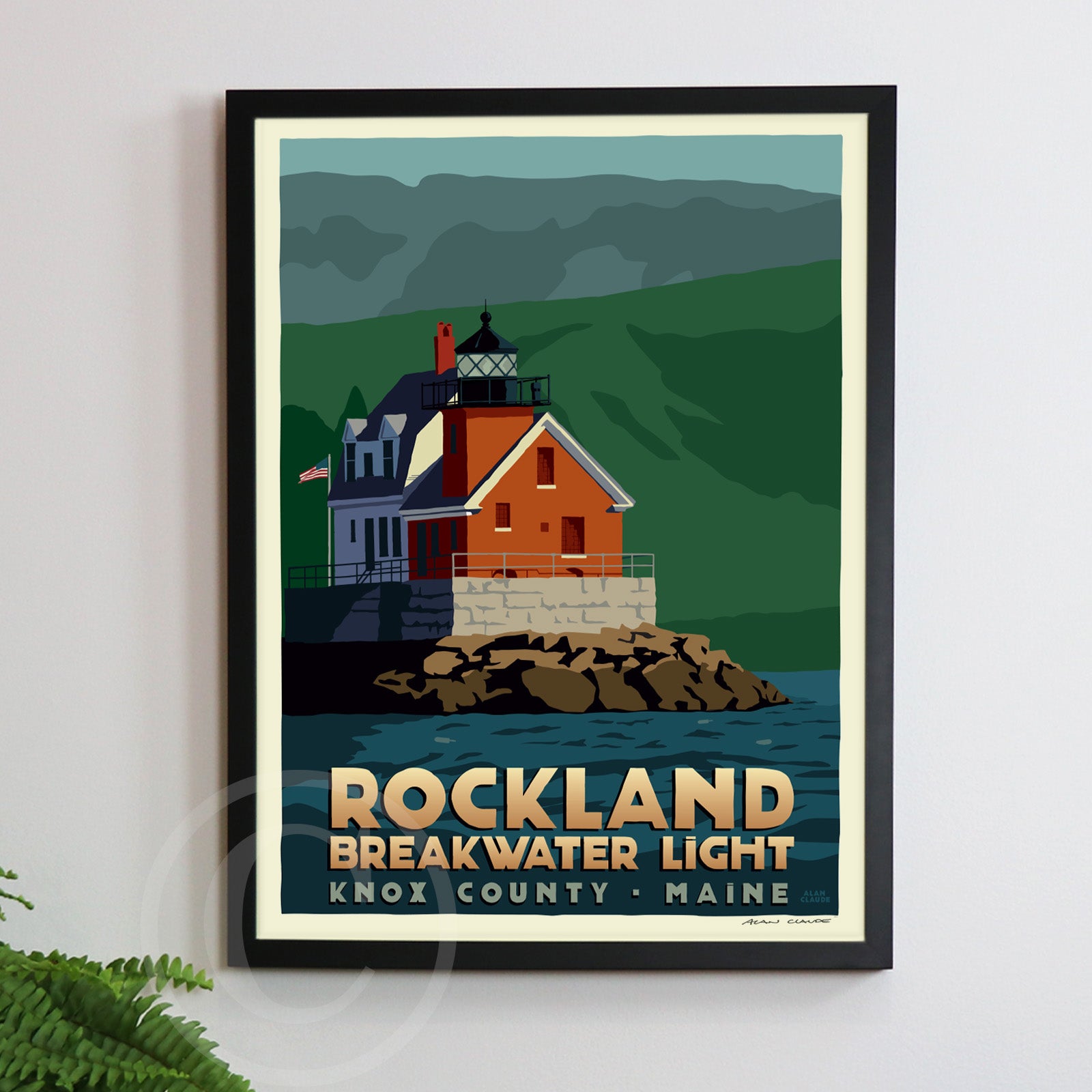 Rockland Breakwater Light (Thin Border) Art Print 18" x 24" Framed Travel Poster By Alan Claude - Maine