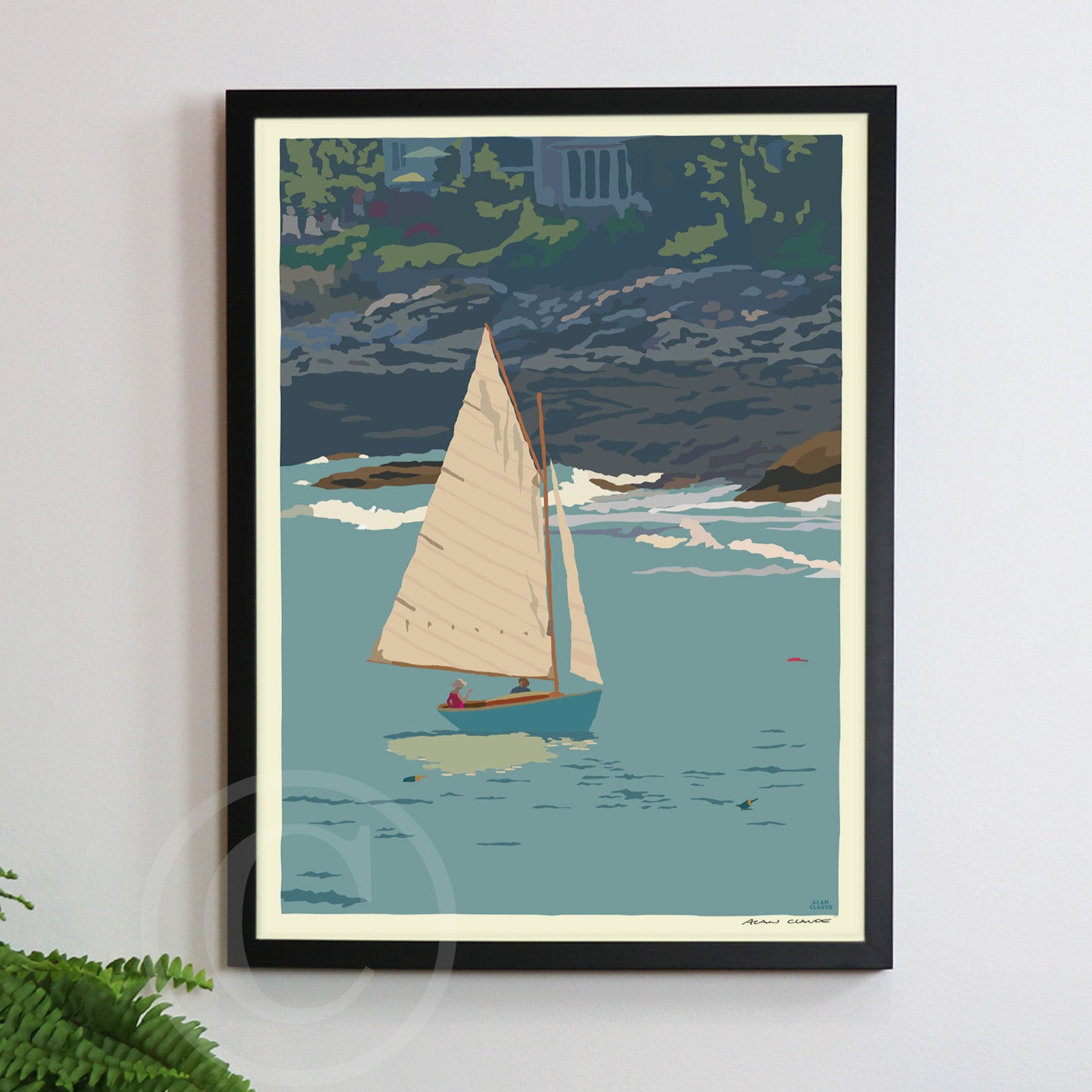 Sunset Sail Art Print 18" x 24" Framed Wall Poster By Alan Claude - Maine
