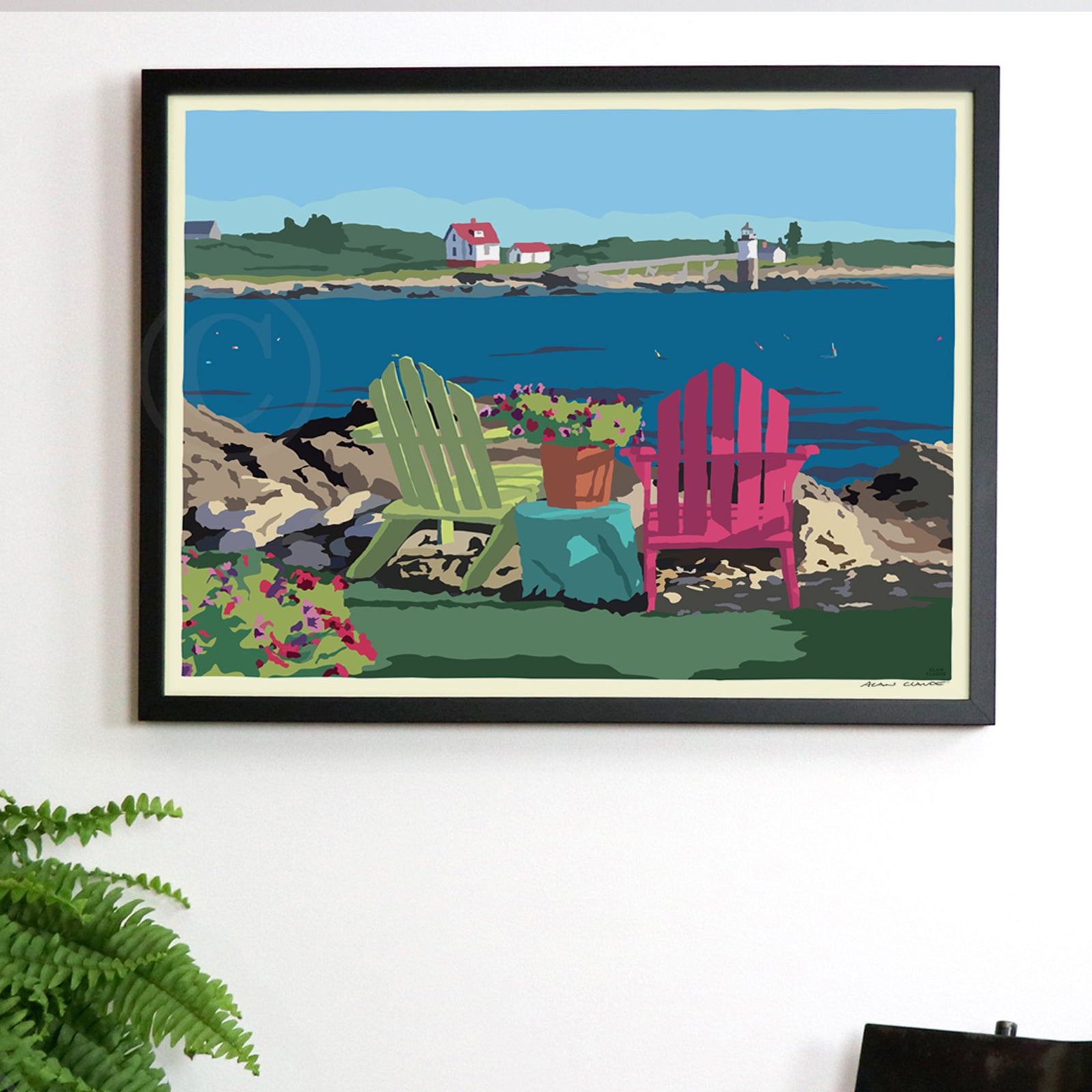 Chairs Overlooking Ram Island Art Horizontal Print 18" x 24" Framed Wall Poster By Alan Claude - Maine