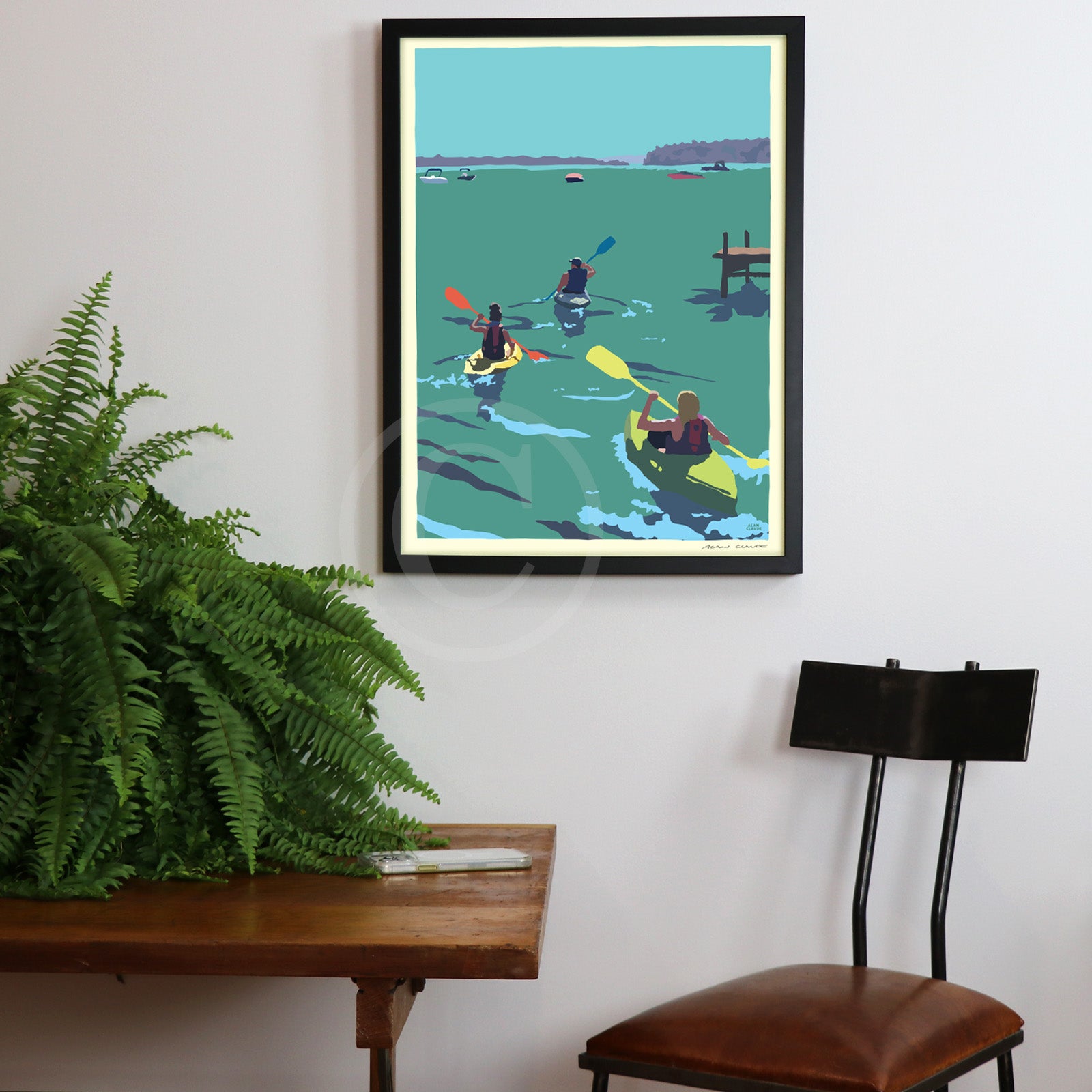 Kayakers Going East Art Print 18" x 24" Framed Travel Poster By Alan Claude - Maine by Alan Claude