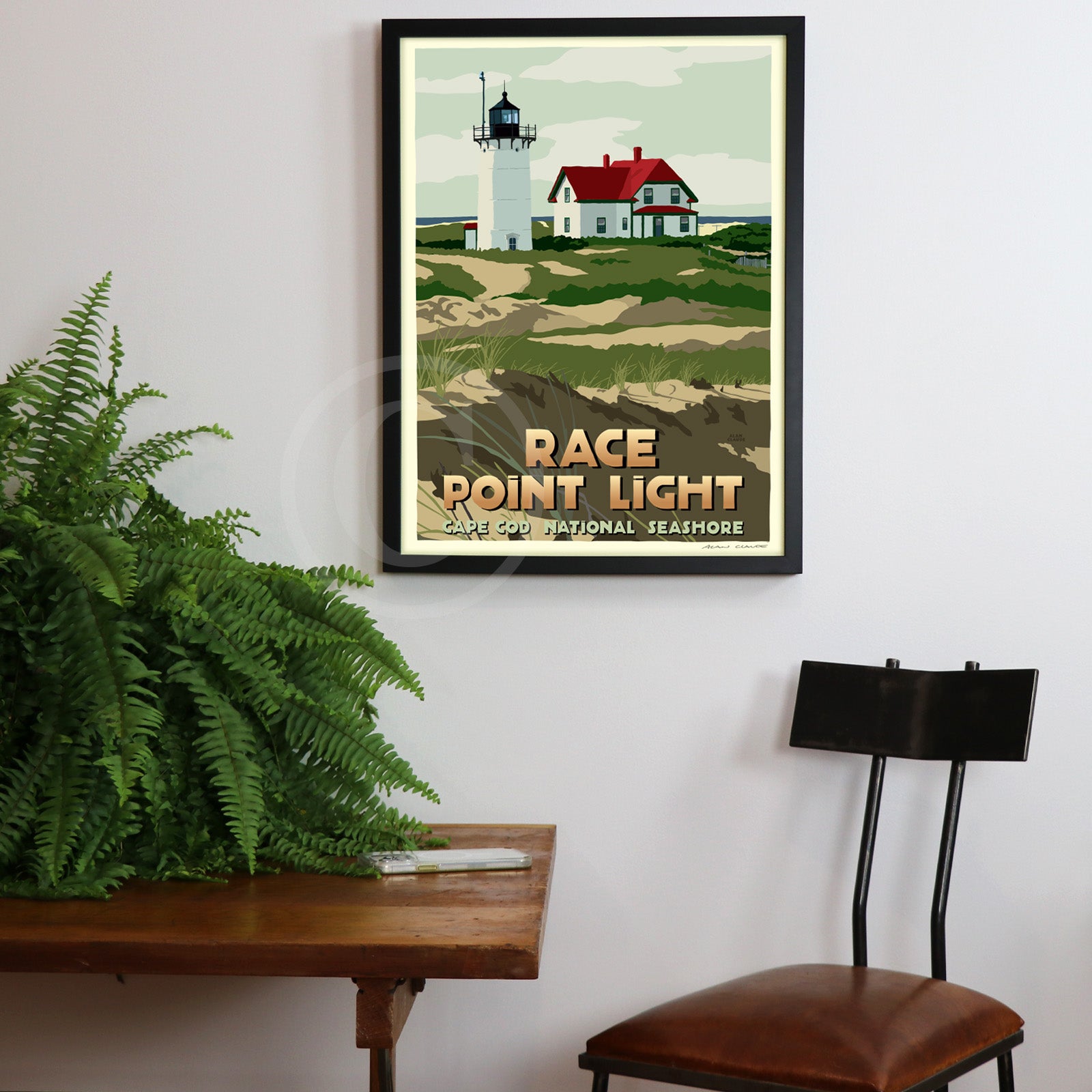 Race Point Light Art Print (Thin Border) 18" x 24" Framed Travel Poster By Alan Claude - Massachusetts
