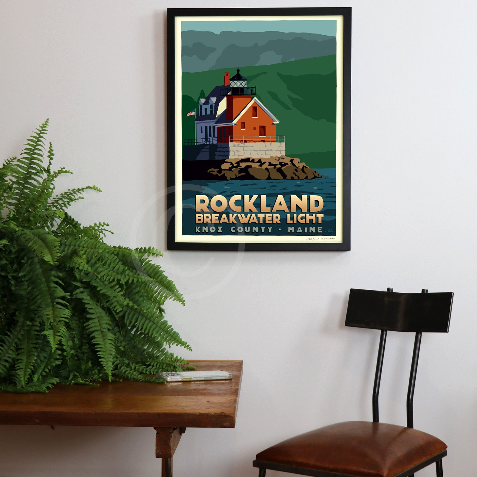 Rockland Breakwater Light (Thin Border) Art Print 18" x 24" Framed Travel Poster By Alan Claude - Maine