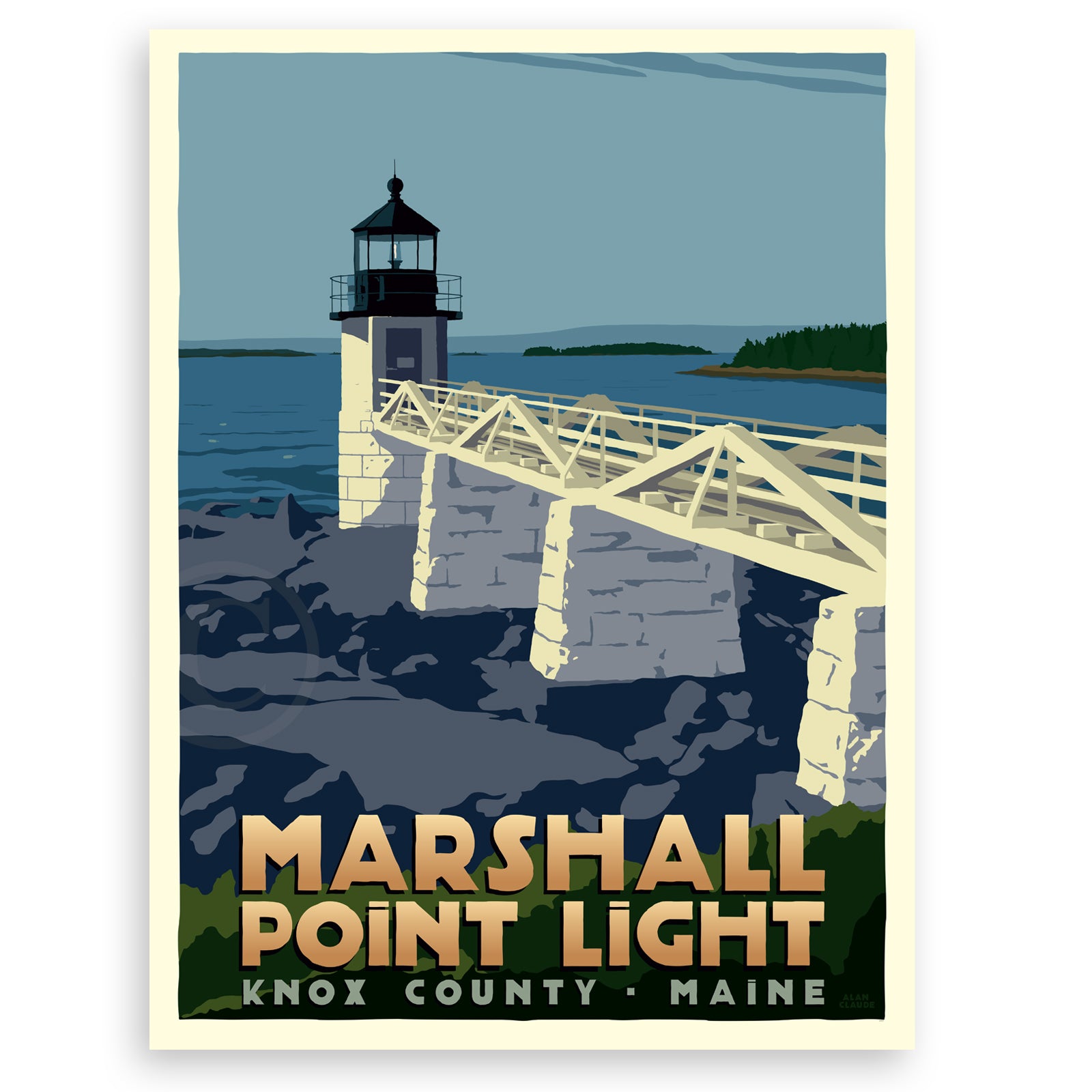 Marshall Point Light Art Print (Thin Border) 18" x 24" Travel Poster By Alan Claude - Maine