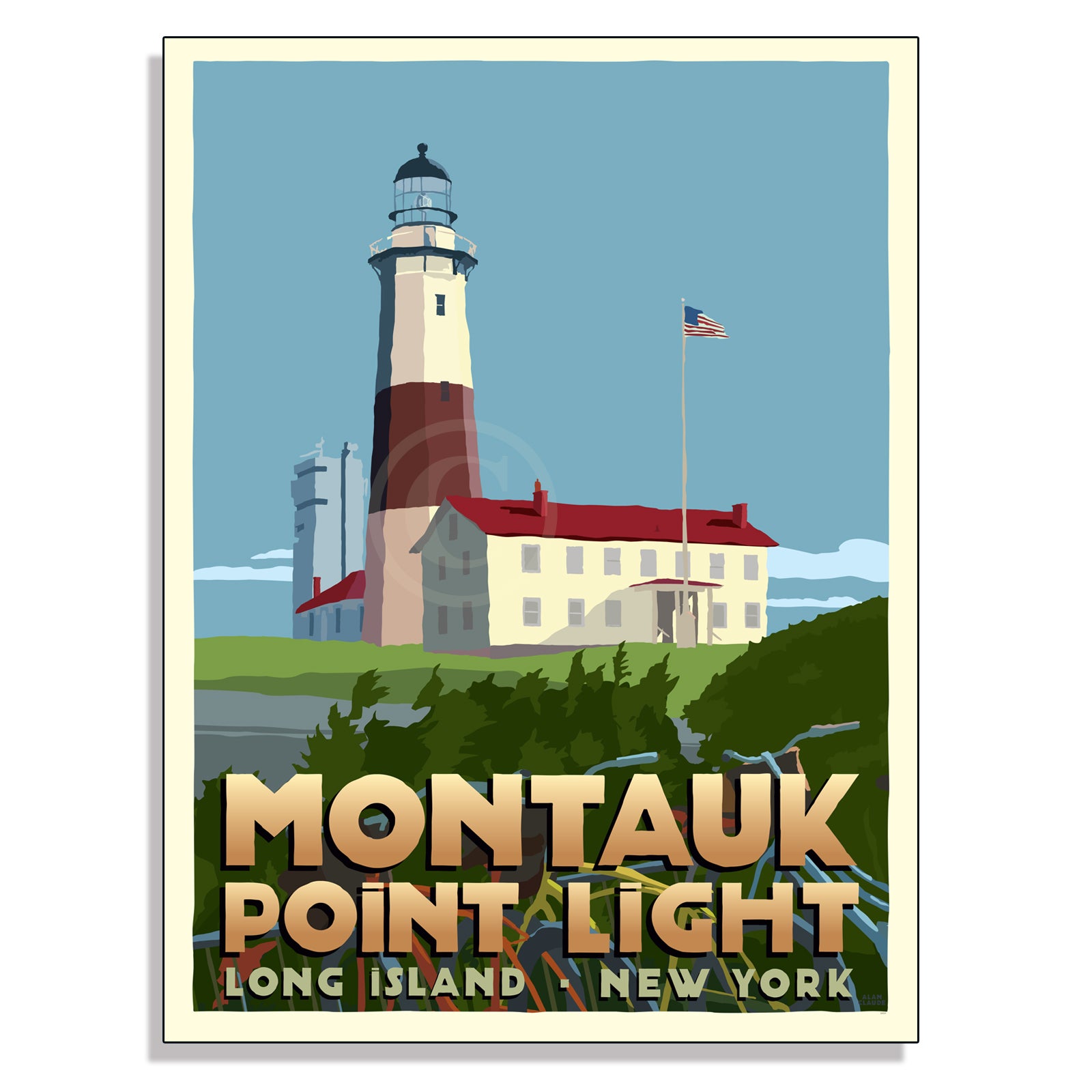 Montauk Point Light Art Print 18" x 24" Horizontal Framed Wall Poster By Alan Claude - Long Island New York