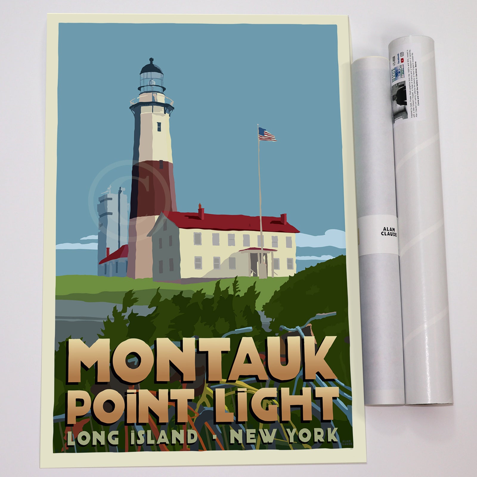 18" x 24" Montauk Point Light Travel Poster Art Print By Alan Claude - Long Island, New York