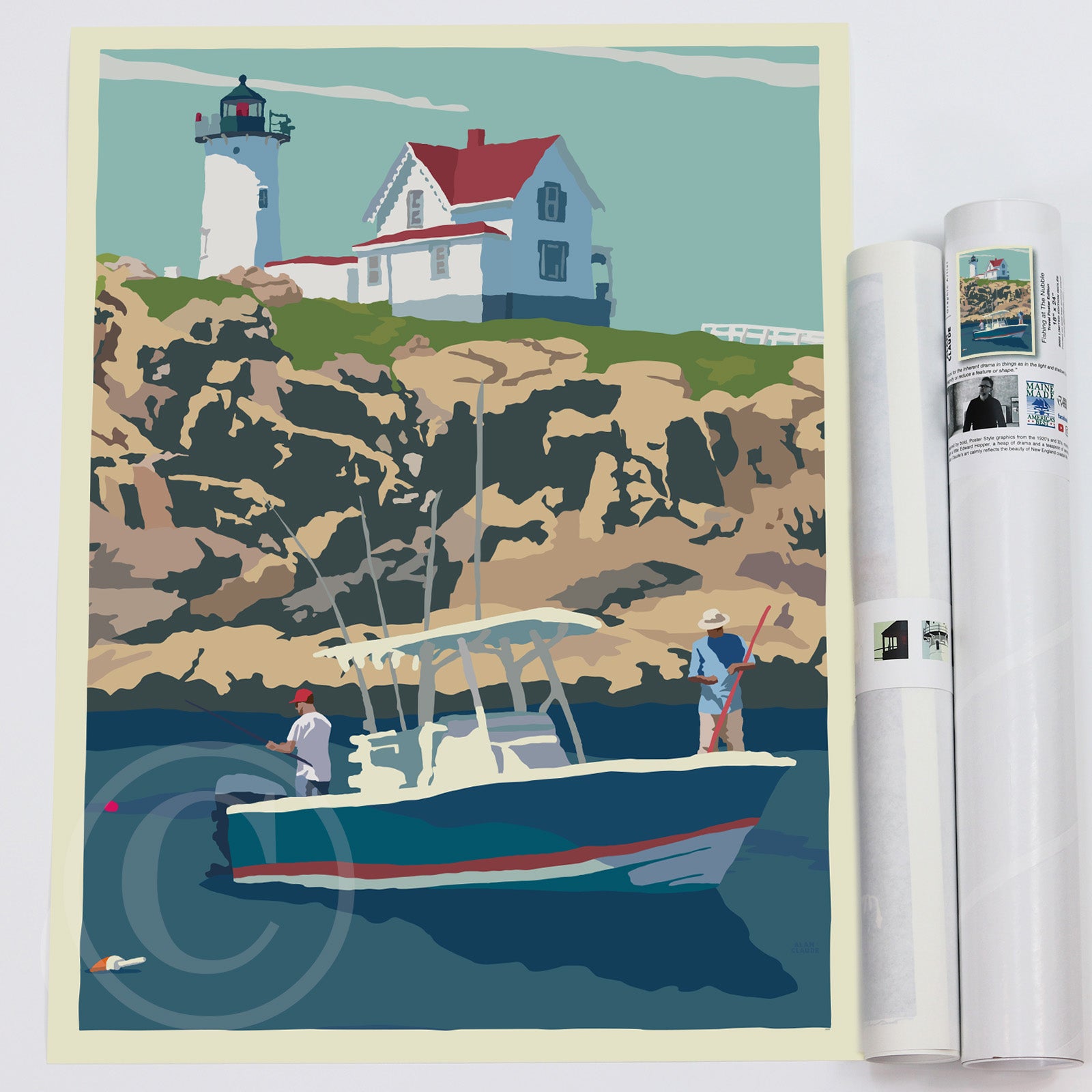Fishing at the Nubble (No Text) Art Print 18" x 24" Travel Poster By Alan Claude - Maine