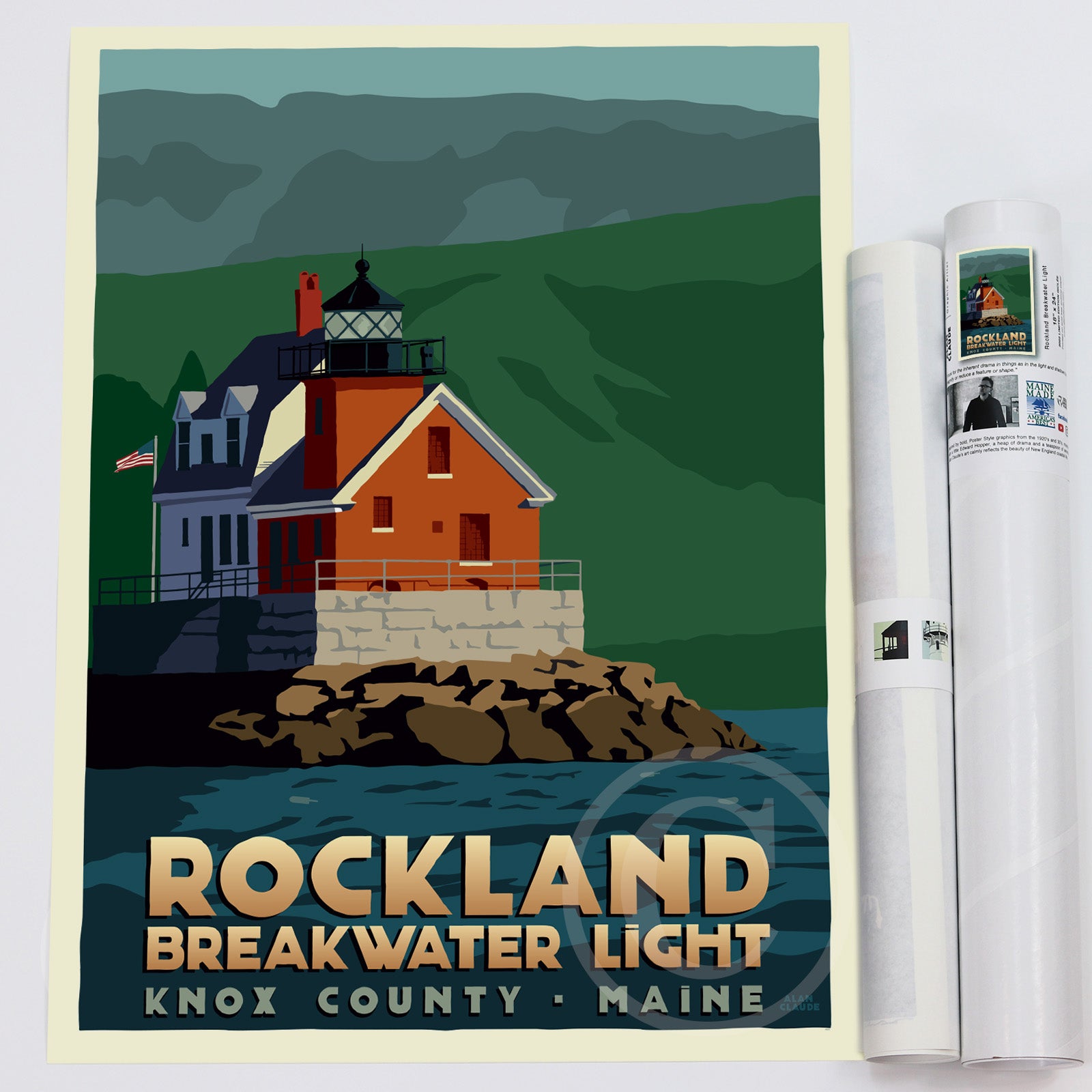 Rockland Breakwater Light (Thin Border) Art Print 18" x 24" Travel Poster By Alan Claude - Maine