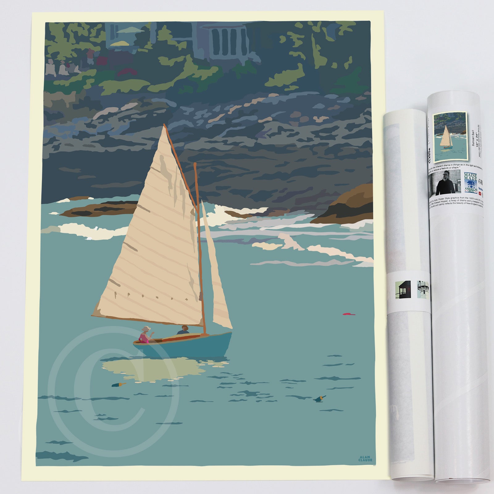 Sunset Sail Art Print 18" x 24" Wall Poster By Alan Claude - Maine