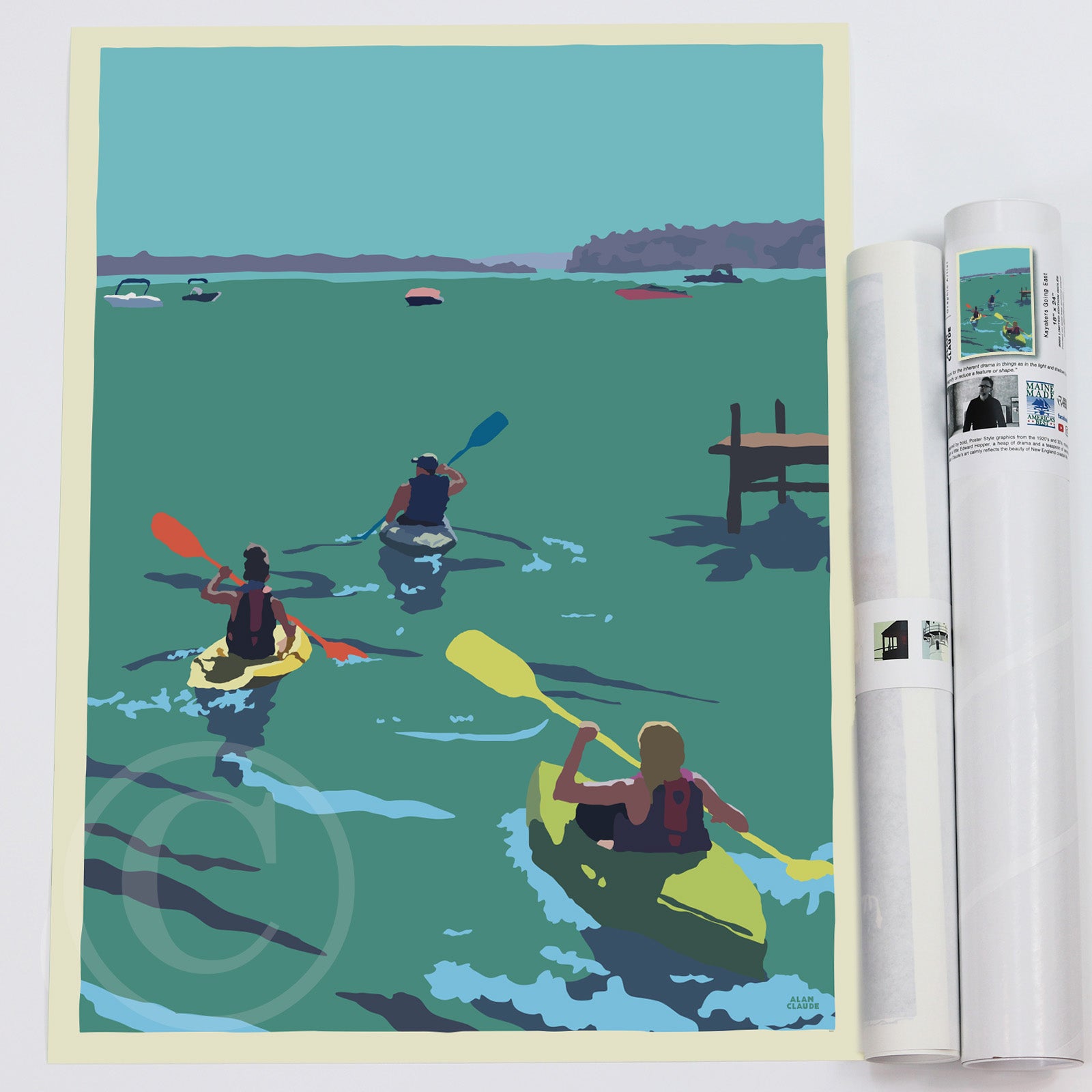 Kayakers Going East Art Print 18" x 24" Travel Poster By Alan Claude - Maine