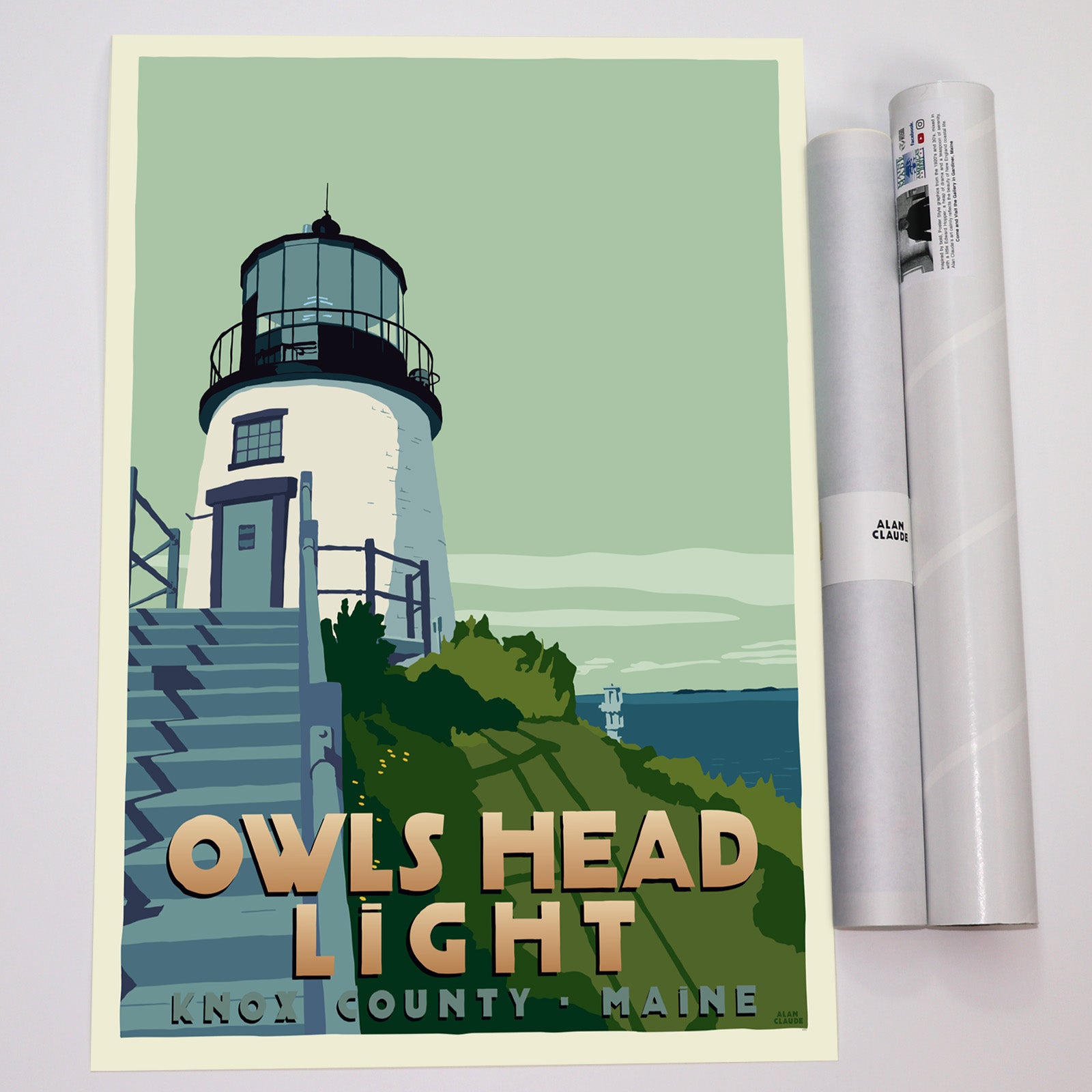 Owls Head Light Light Art Print 18" x 24" Travel Poster By Alan Claude - Maine