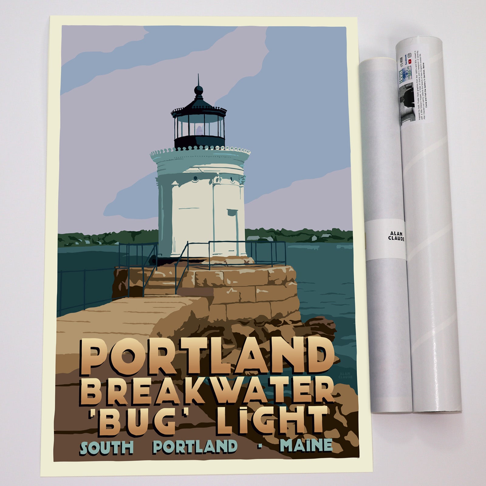 Portland Breakwater Bug Light Art Print 18" x 24" Travel Poster By Alan Claude - Maine