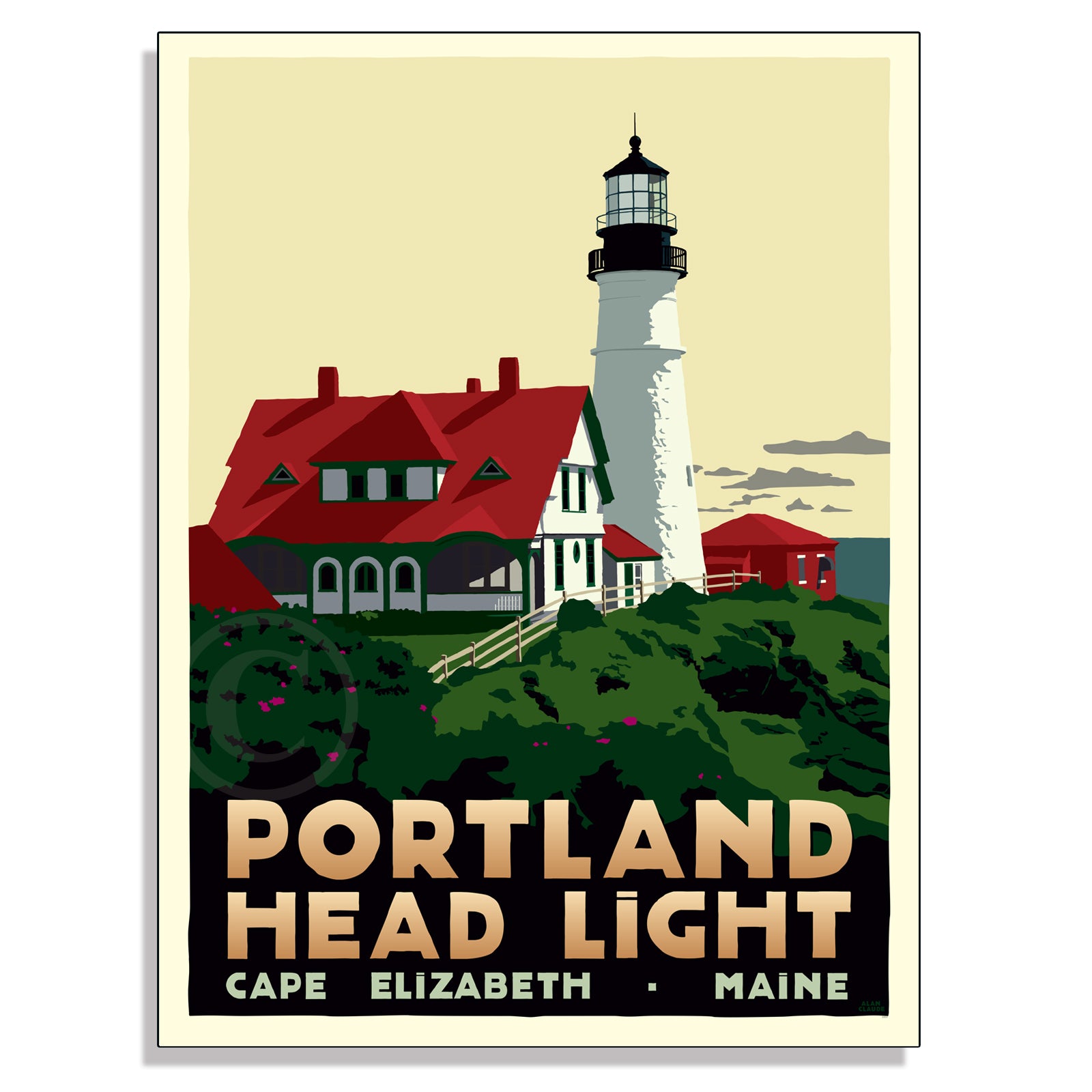 Portland Head Light Lighthouse Art Print 18" x 24" Travel Poster By Alan Claude - Maine