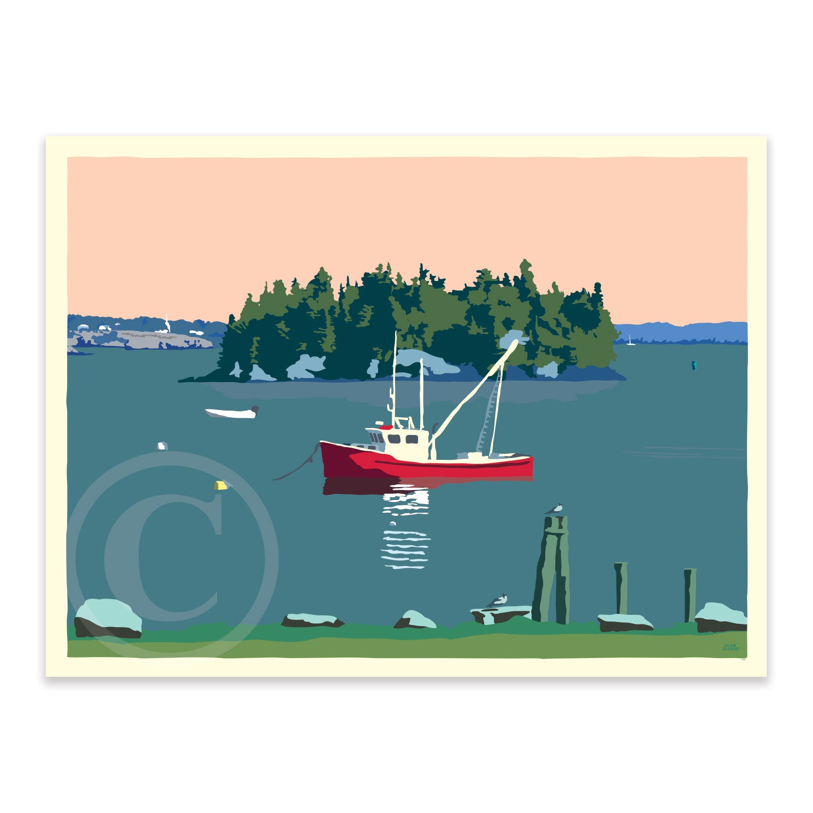 Lubec Lobster Boat (Horizontal) Art Print 18" x 24" Wall Poster By Alan Claude - Maine