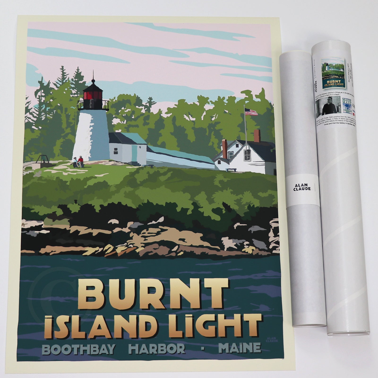 Burnt Island Light Art Print 18" x 24" Travel Poster By Alan Claude - Boothbay Harbor, Maine