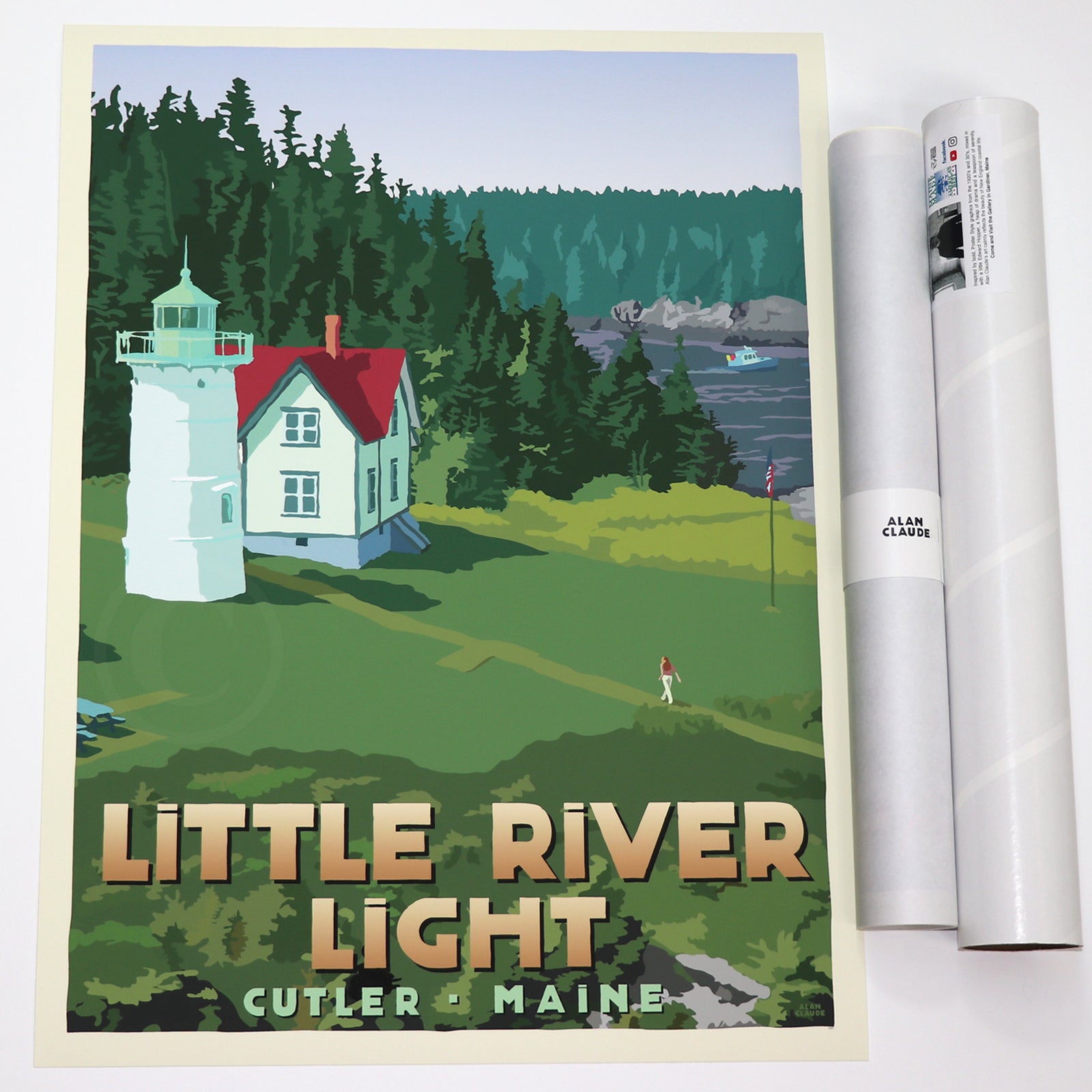 Little River Light Art Print 18" x 24" Travel Poster By Alan Claude - Cutler, Maine