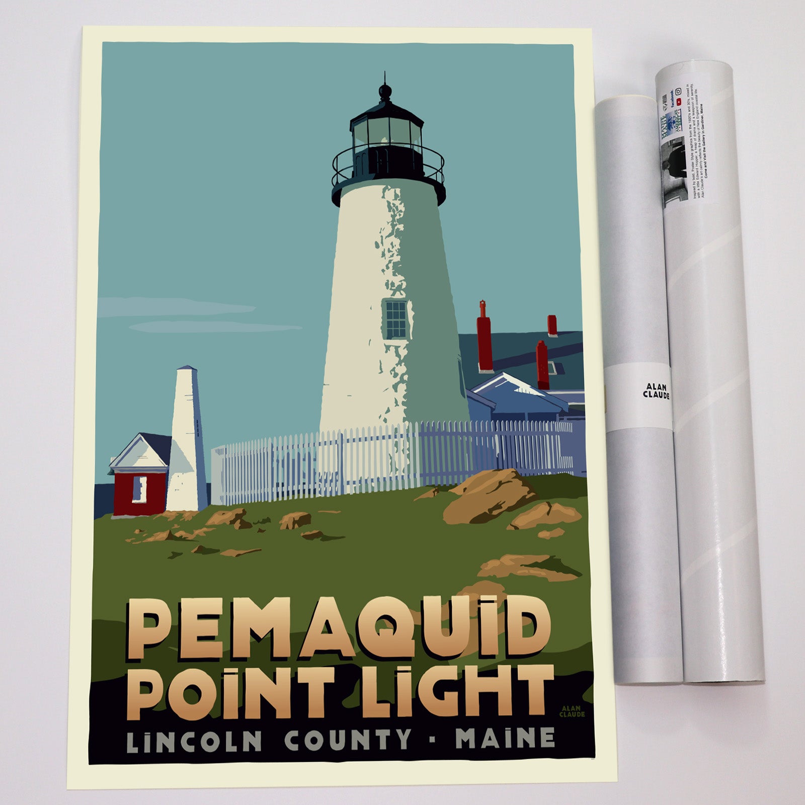 Pemaquid Point Light Art Print 18" x 24" Travel Poster By Alan Claude - Maine