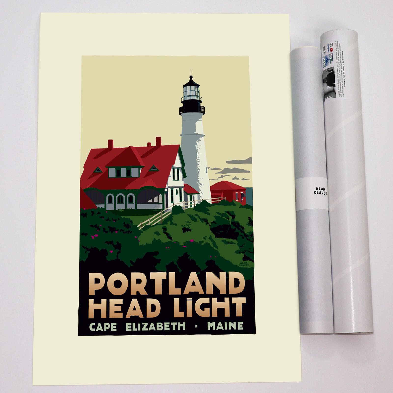 Portland Head Light Lighthouse Art Print 18" x 24" Travel Poster (Large Border) By Alan Claude - Maine