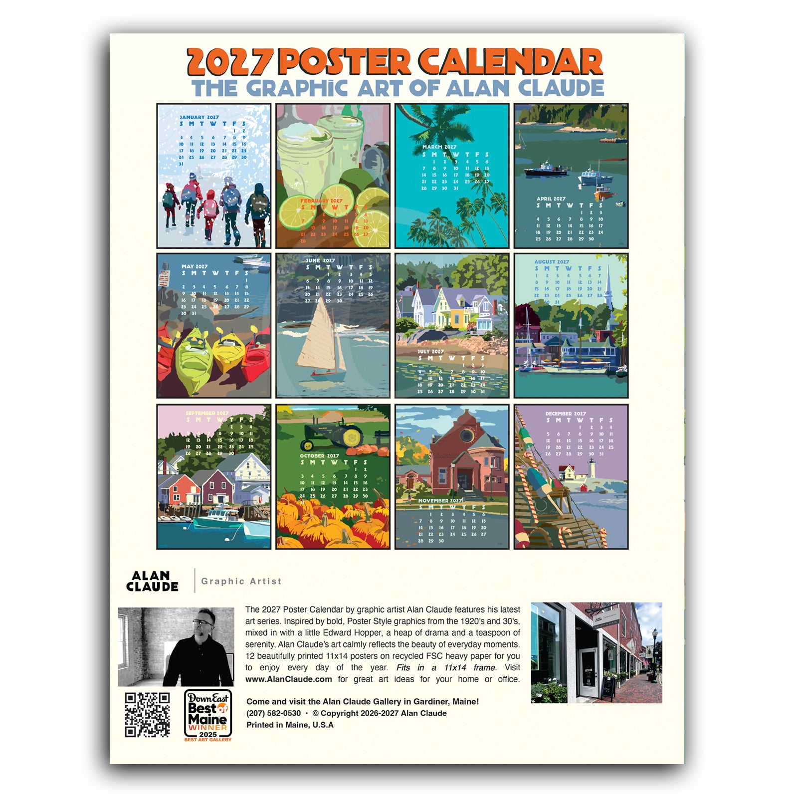 2027 Art Poster Calendar 11" x 14" Retro Vintage Art Style by Alan Claude Graphic Artist