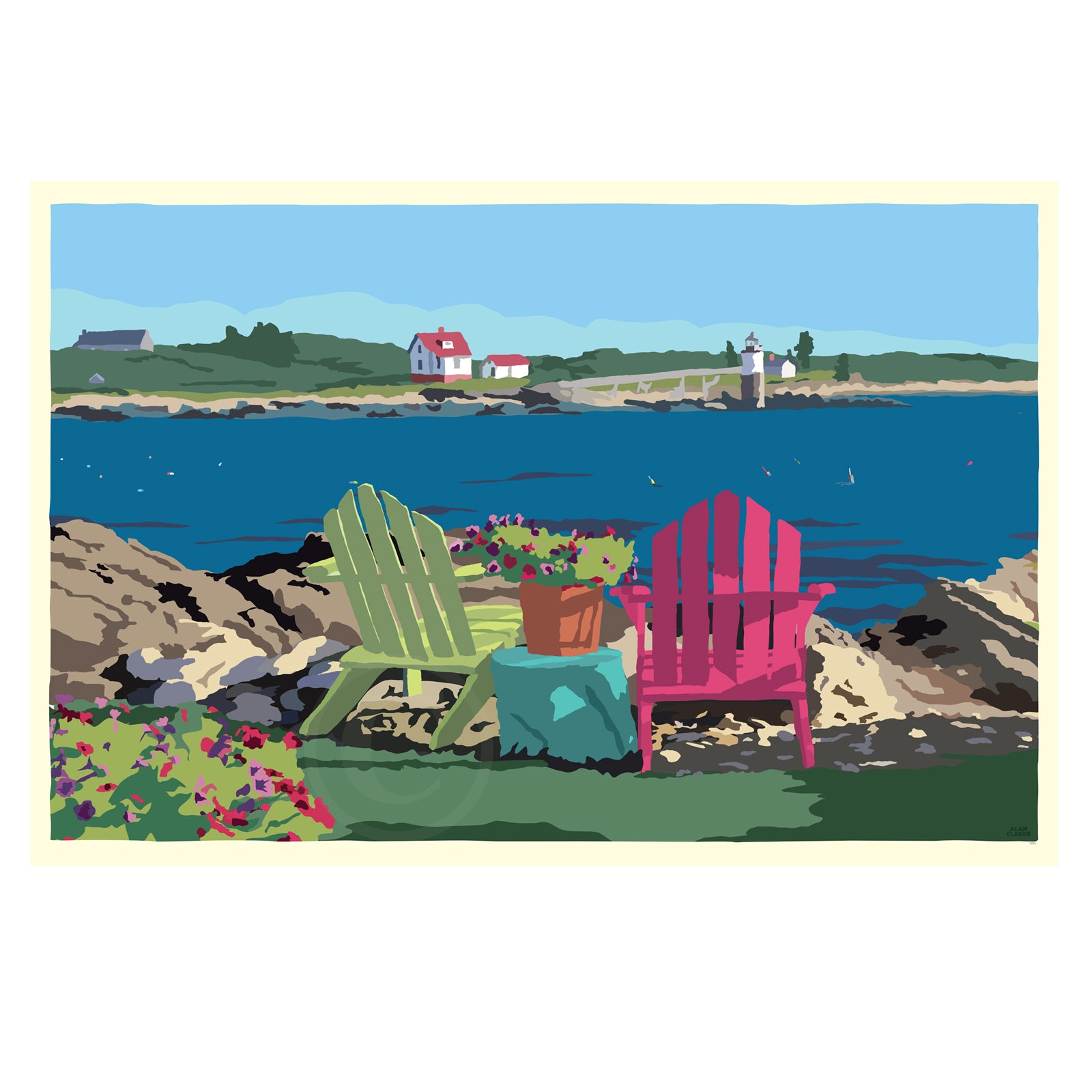 Chairs Overlooking Ram Island Maine Art Horizontal Print 24" x 36" Wall Poster By Alan Claude (Copy)