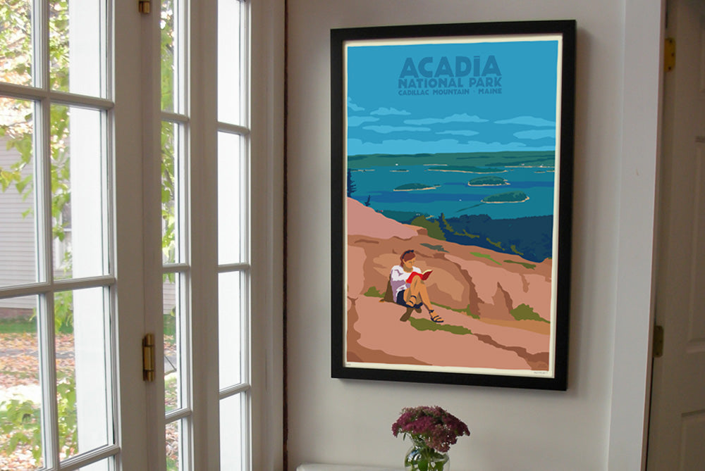 Good Book In Acadia Travel Poster Art Print 24" x 36" Framed Wall Poster By Alan Claude - Maine
