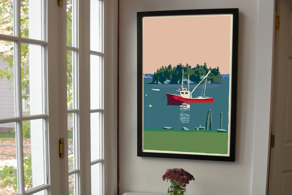 Lubec Lobster Boat Art Print 24" x 36" Framed Wall Poster By Alan Claude - Maine