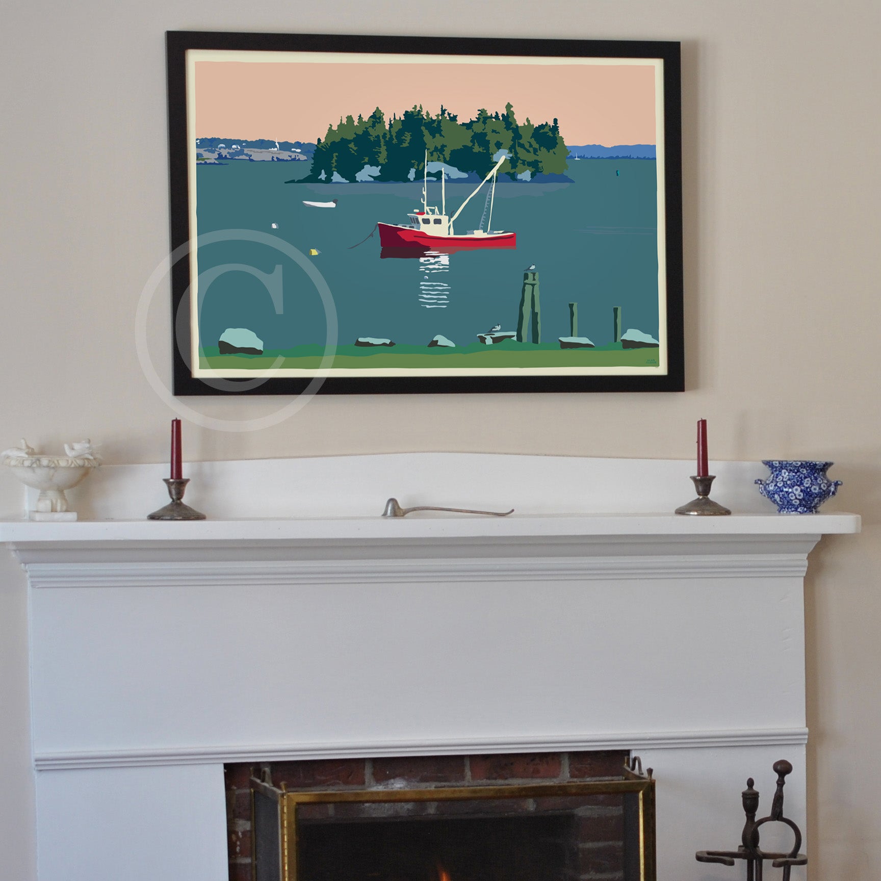 Lubec Lobster Boat (Horizontal) Art Print 24" x 36" Framed Wall Poster By Alan Claude - Maine