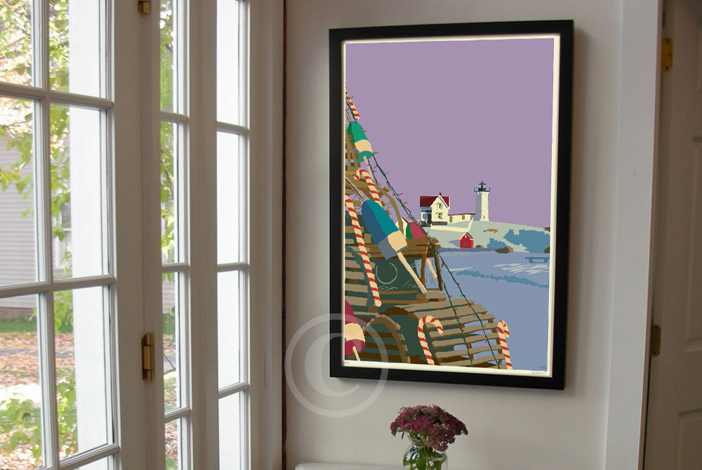A Very Nubble Christmas Art Print 24" x 36" Framed Wall Poster By Alan Claude - Maine
