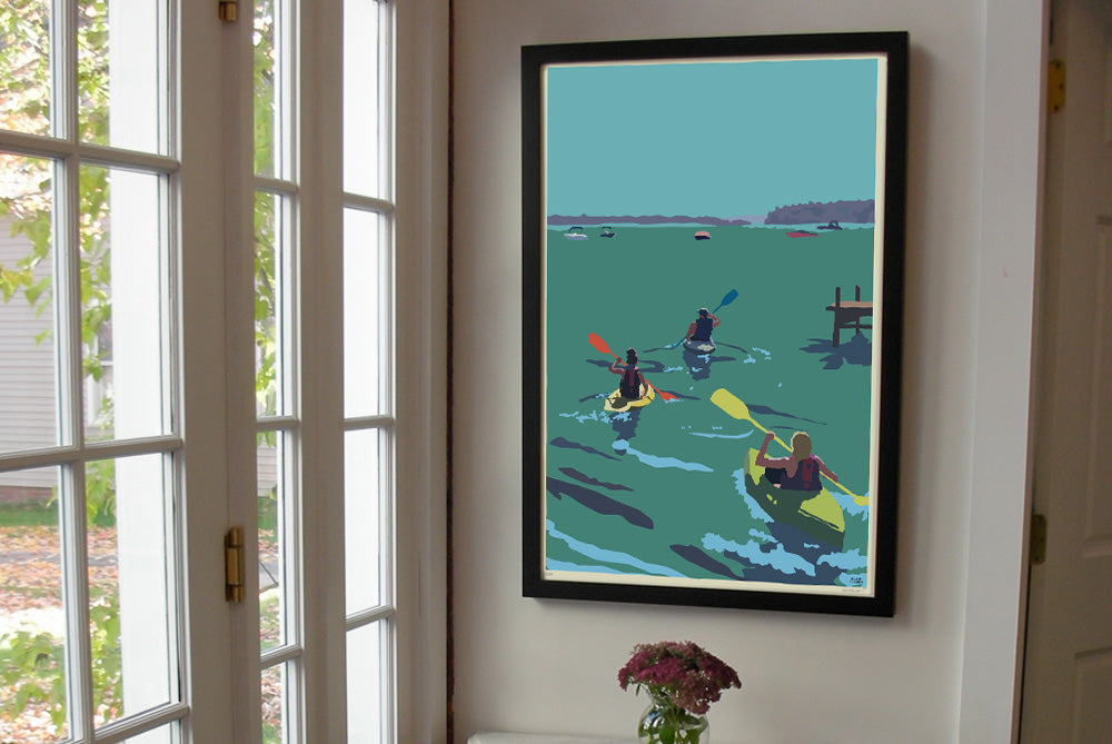 Kayakers Going East Art Print 24" x 36" Framed Travel Poster By Alan Claude - Maine