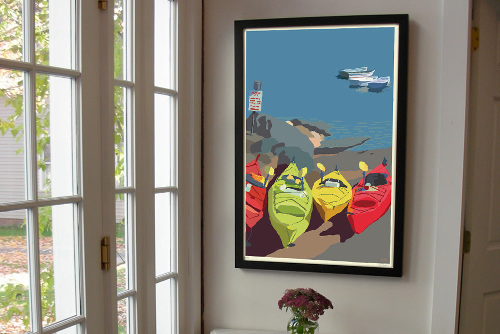 Kayaking Me Crazy Art Print 24" x 36" Framed Wall Poster By Alan Claude - Maine