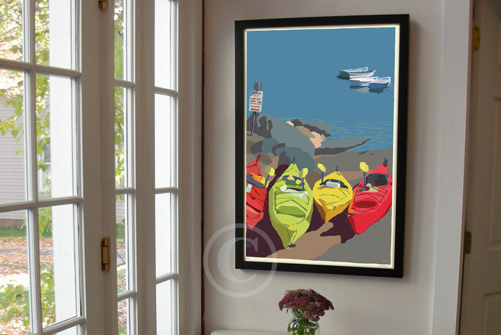 Kayaking Me Crazy Art Print 24" x 36" Framed Wall Poster By Alan Claude - Maine