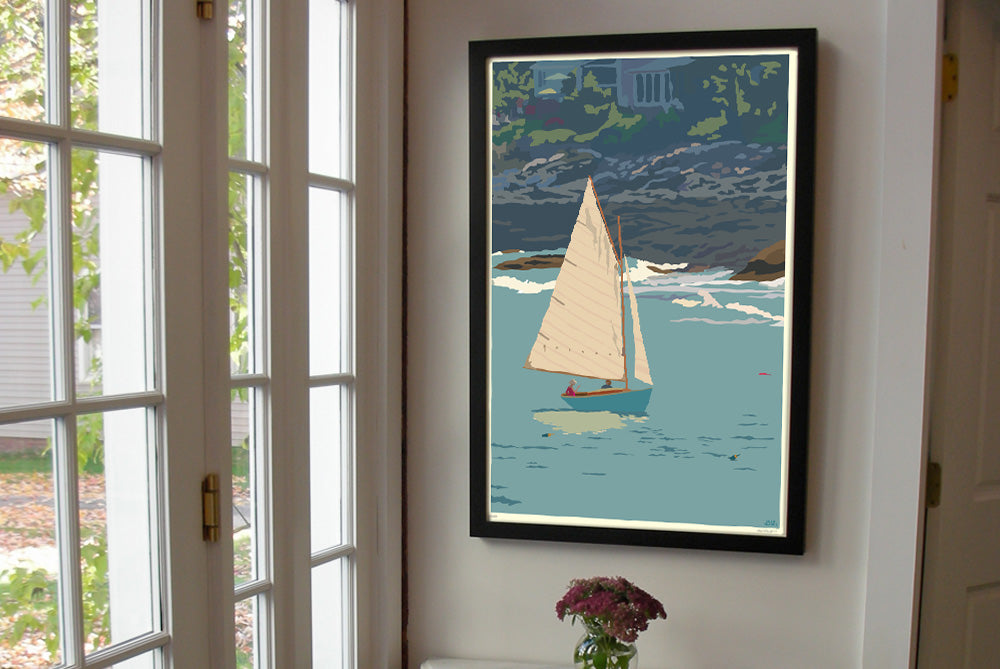 Sunset Sail Art Print 24" x 36" Framed Wall Poster By Alan Claude - Maine