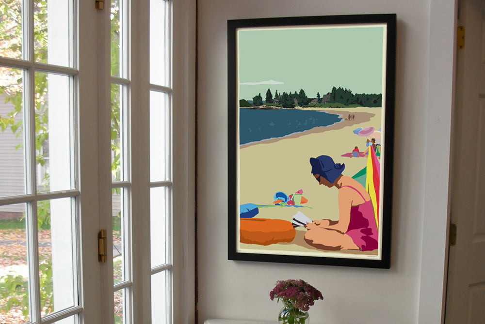 Good Book On A Beach Day Art Print 24" x 36" Framed Wall Poster By Alan Claude - Maine