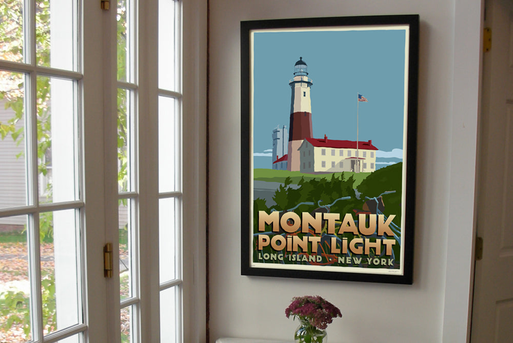 Montauk Point Light Art Print 24" x 36" Framed Travel Poster By Alan Claude