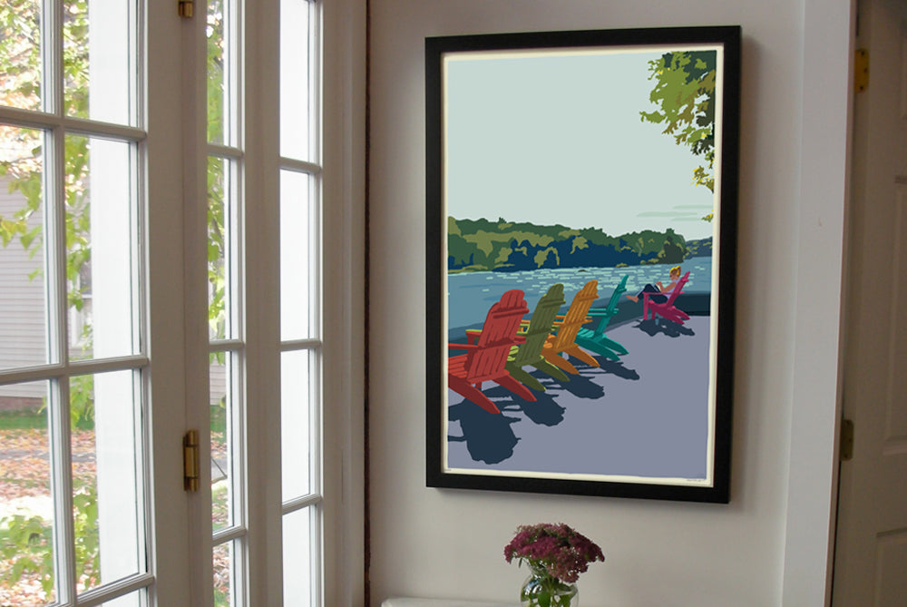 Summer Chairs Art Print 24" x 36" Framed (Vertical) Wall Poster By Alan Claude - Maine