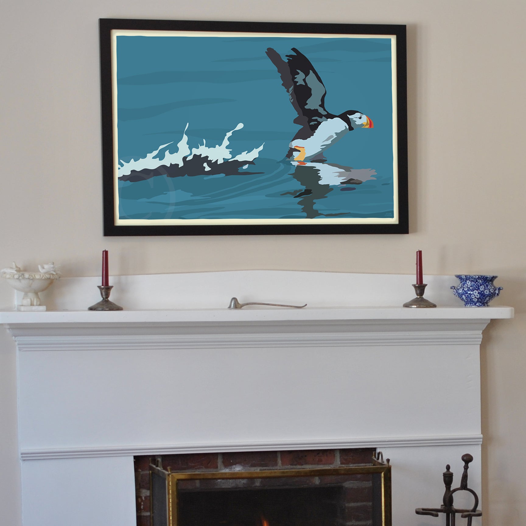 Puffin Takes Flight Art Print 24" x 36" Framed Wall Poster By Alan Claude - Maine