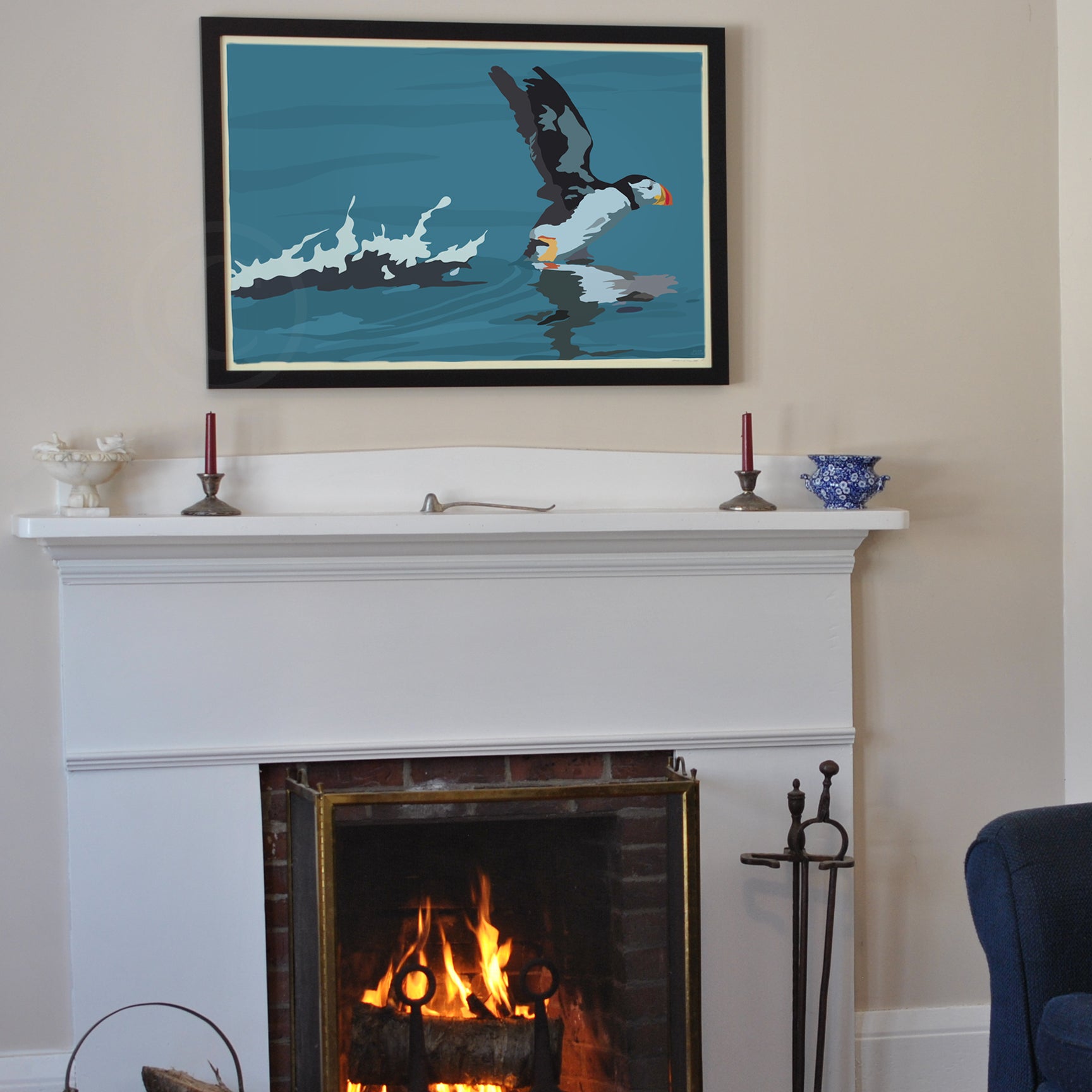 Puffin Takes Flight Art Print 24" x 36" Framed Wall Poster By Alan Claude - Maine
