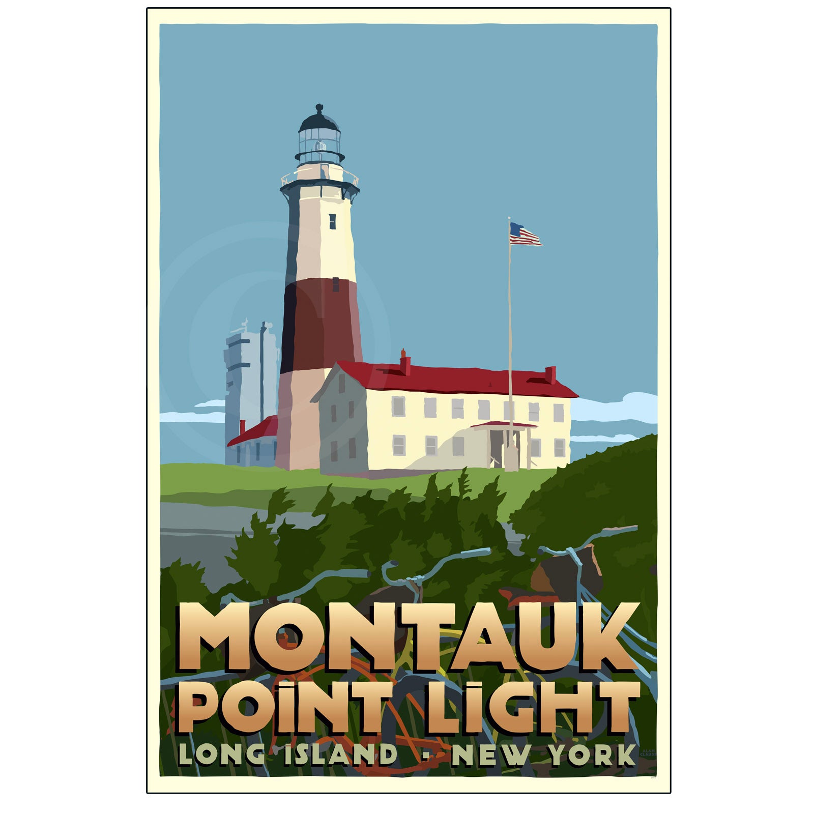 Montauk Point Light Art Print 24" x 36" Framed Travel Poster By Alan Claude